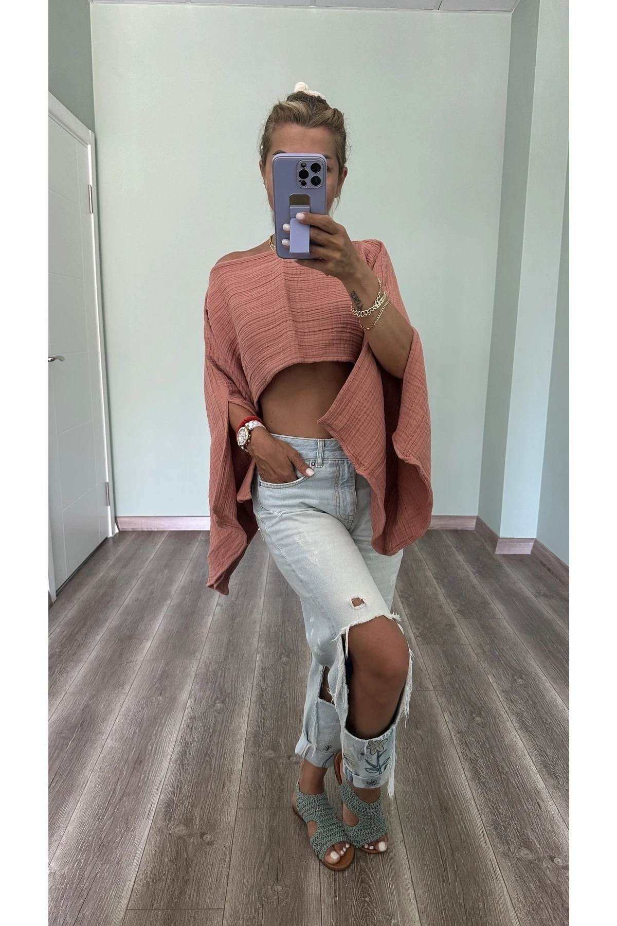 Kolları Yırtmaçlı Crop Top - kiremit