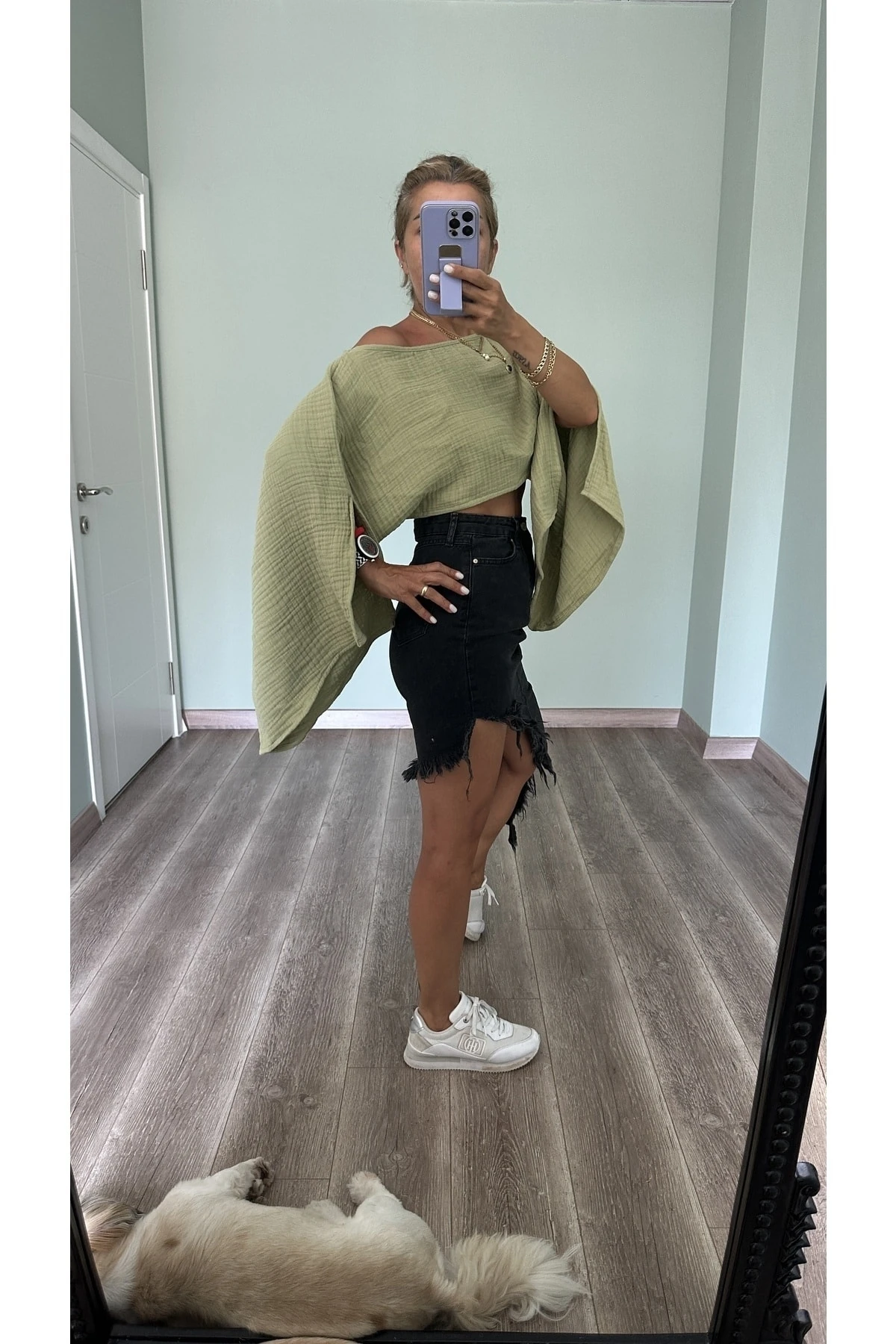 Kolları Yırtmaçlı Crop Top - yeşil