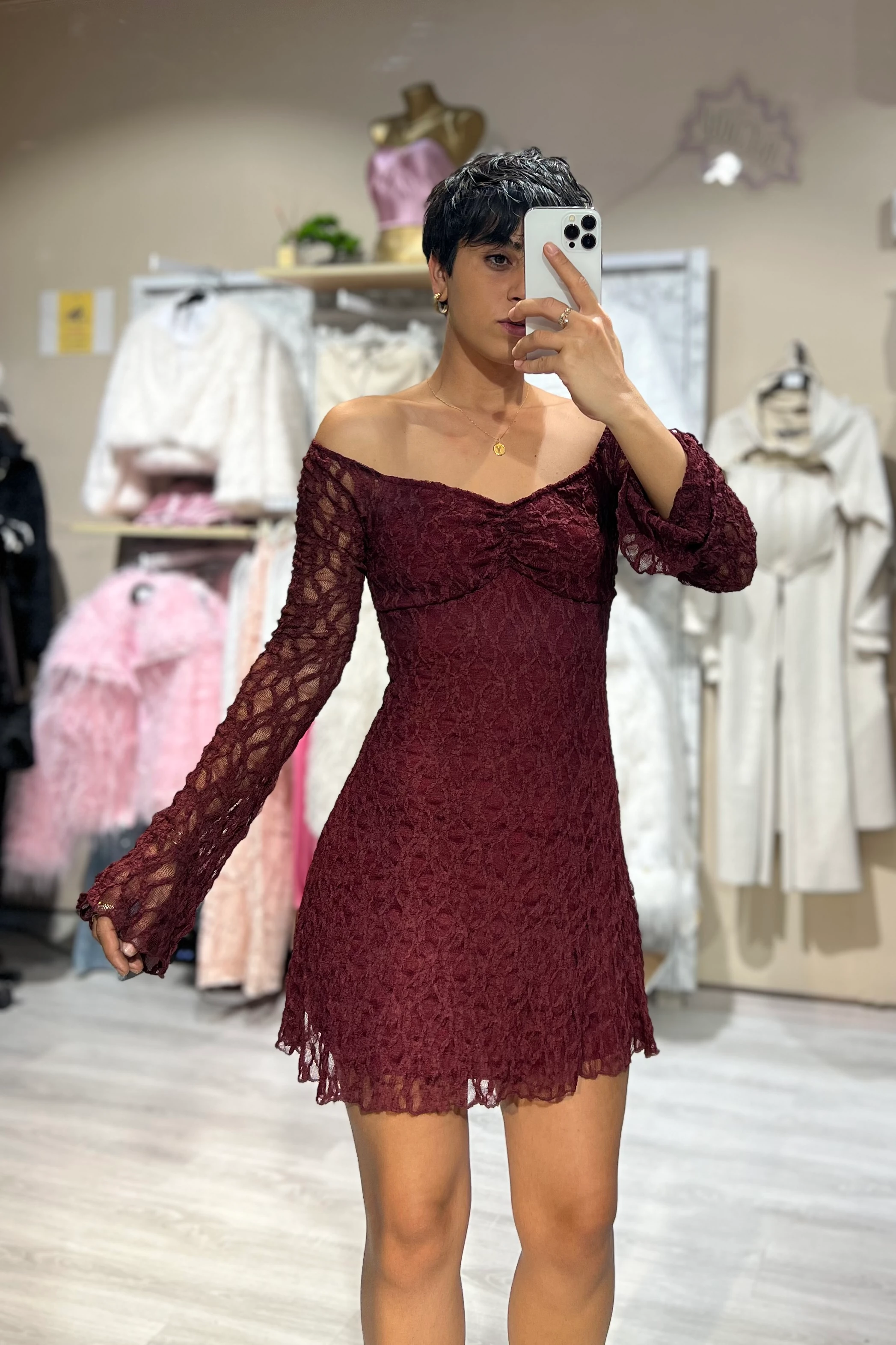 Dantel Madonna Yaka Elegance Elbise - BORDO