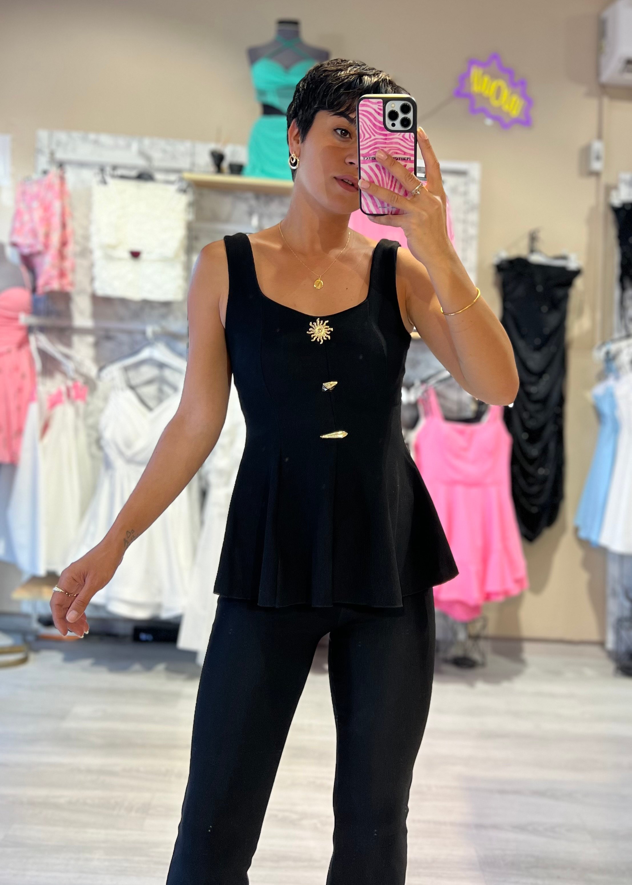 Kaşkorse Kumaş Aksesuarlı Bele Oturan Bluz & Pantolon Takım