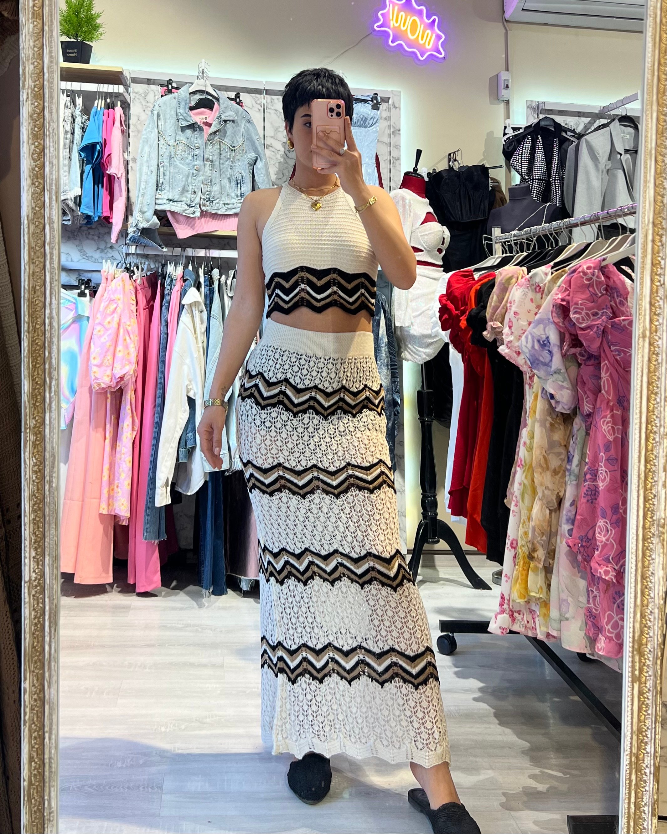 Marka Model Ajurlu Örme Triko Halter Yaka Crop & Etek Takım