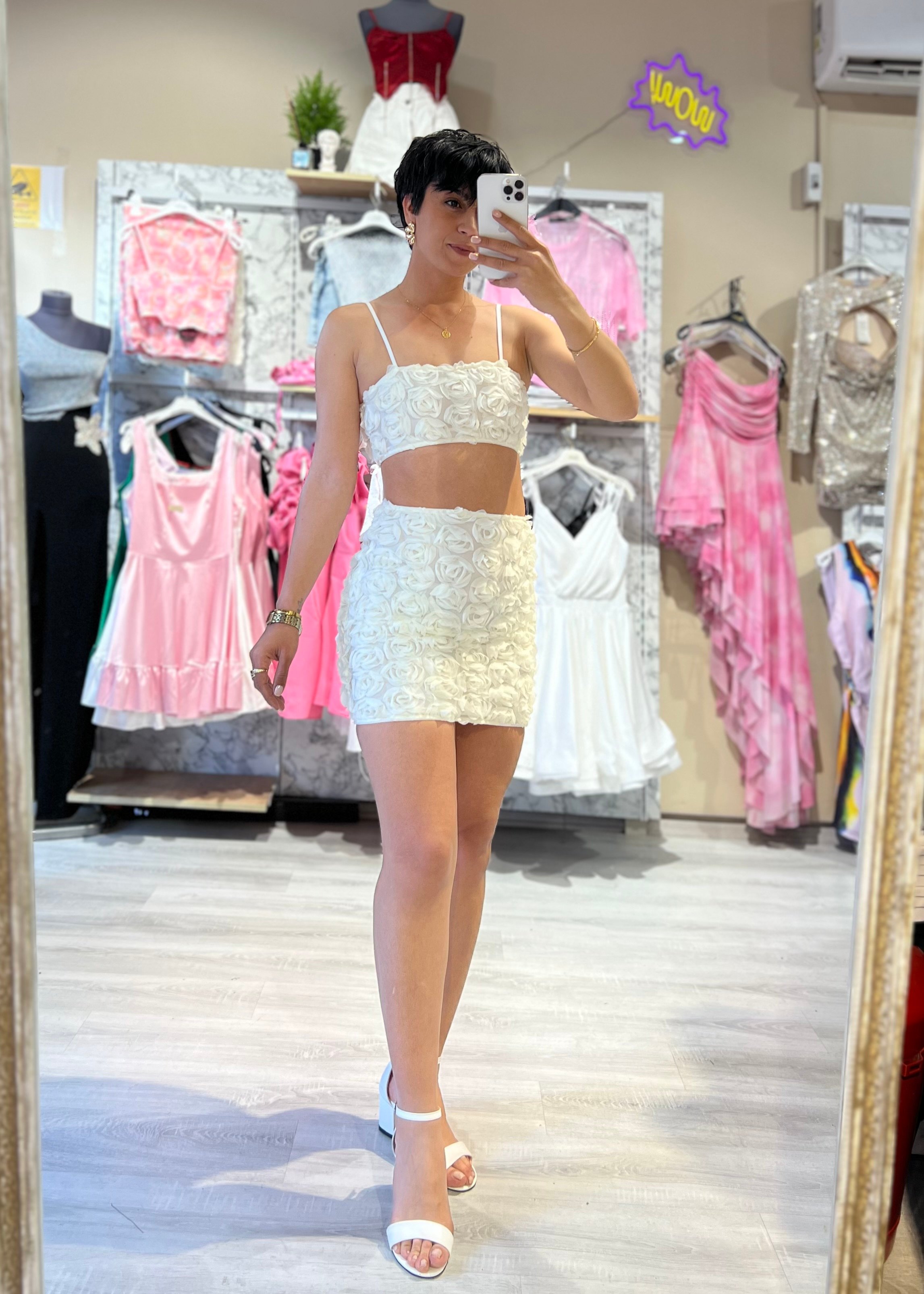 Tasarım Tül Çiçekli Crop Top & Etek Takım