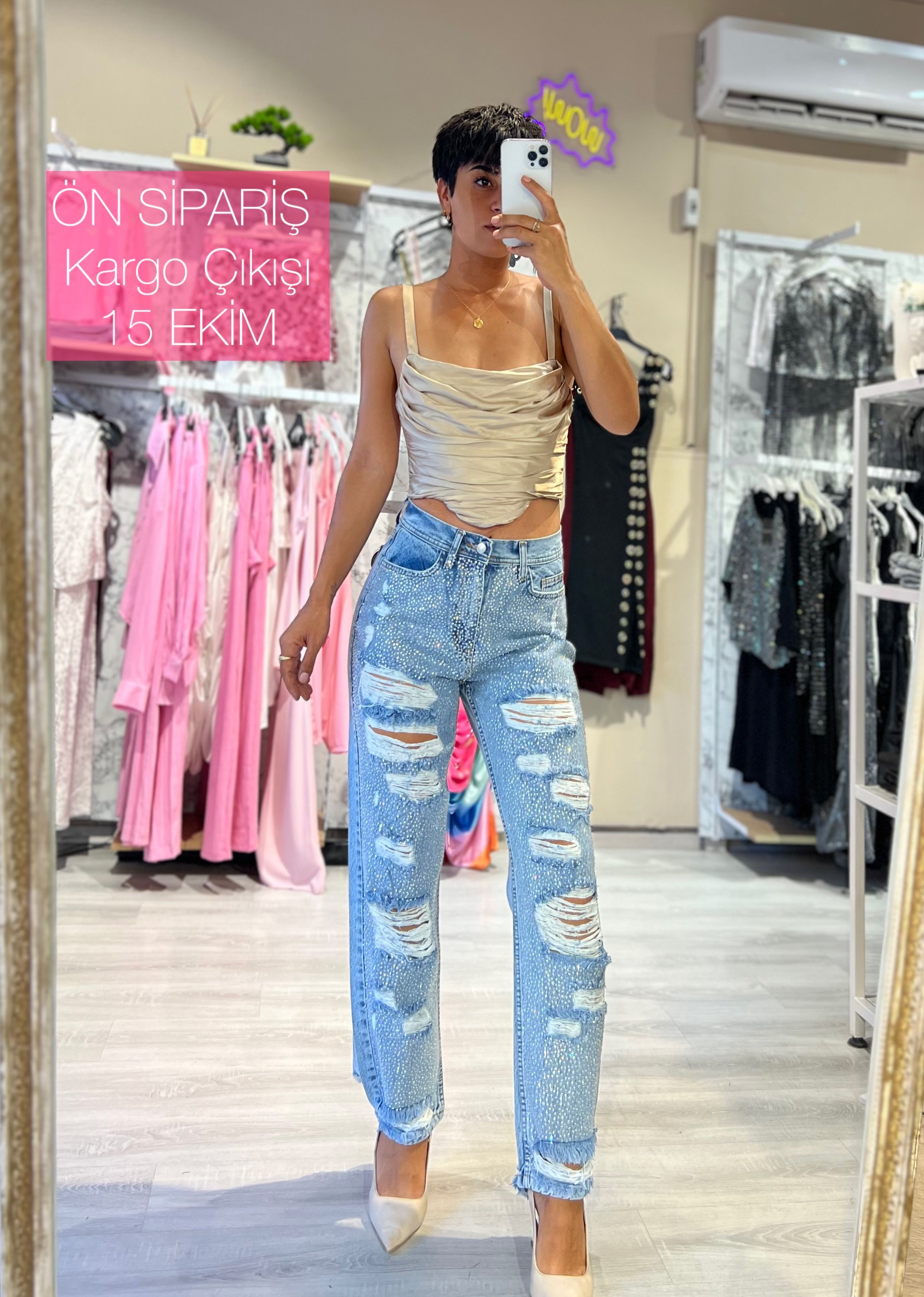 Mavi Taşlı  Lazer Kesim Jean Pantolon