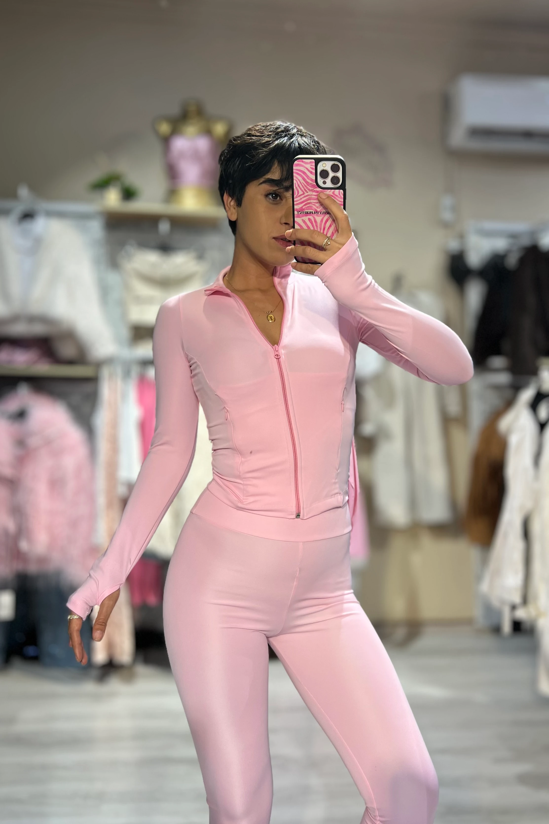 LunaForm Fermuarlı Parmak Geçmeli Sweathirt Tayt Takım  - PEMBE