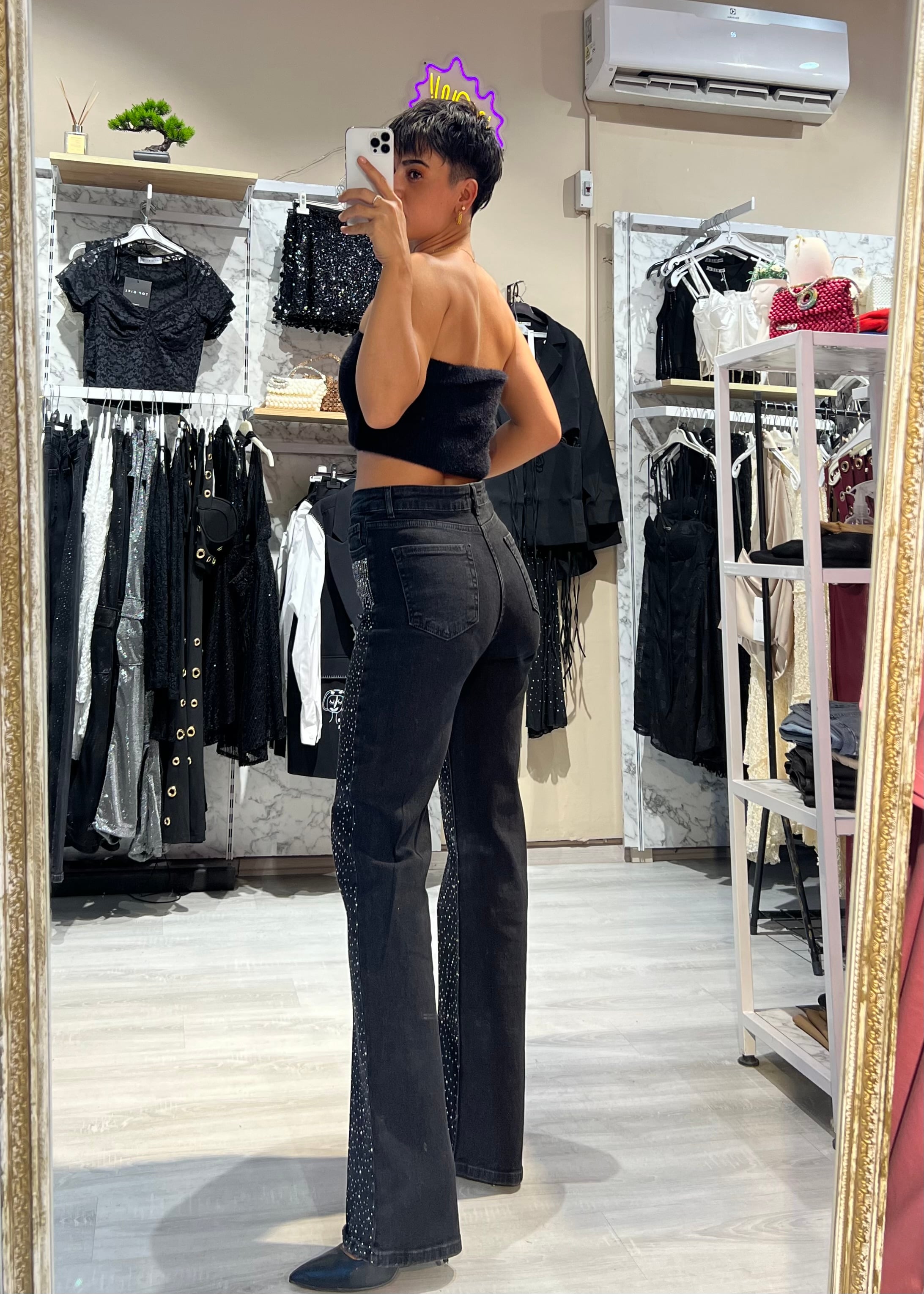 Taşlı Ultra Yüksek Bel Likralı Taşlı Jean Pantolon