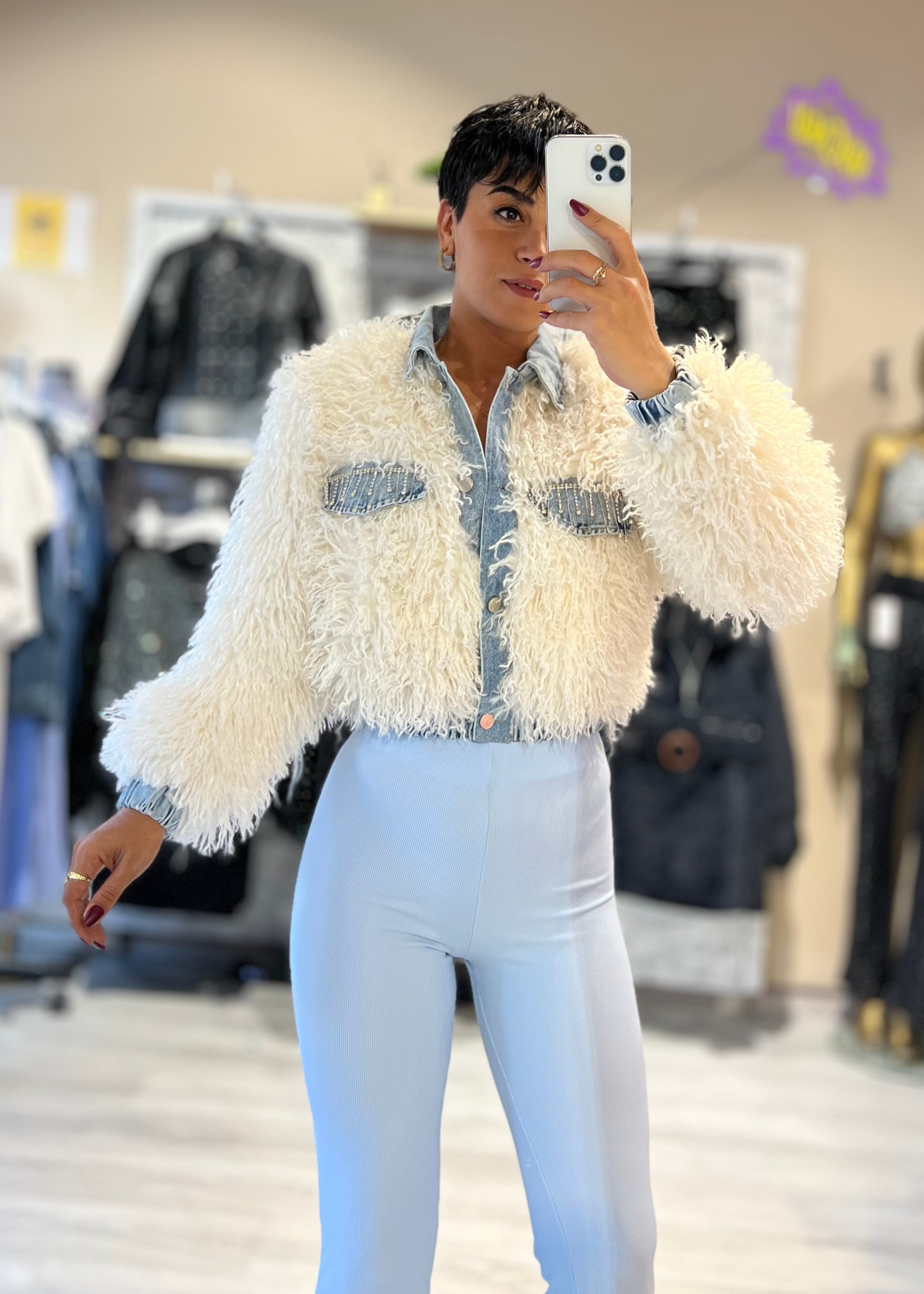Premium Özel Tasarım Taş Detaylı Denim Garnili Süni Kürk Mont