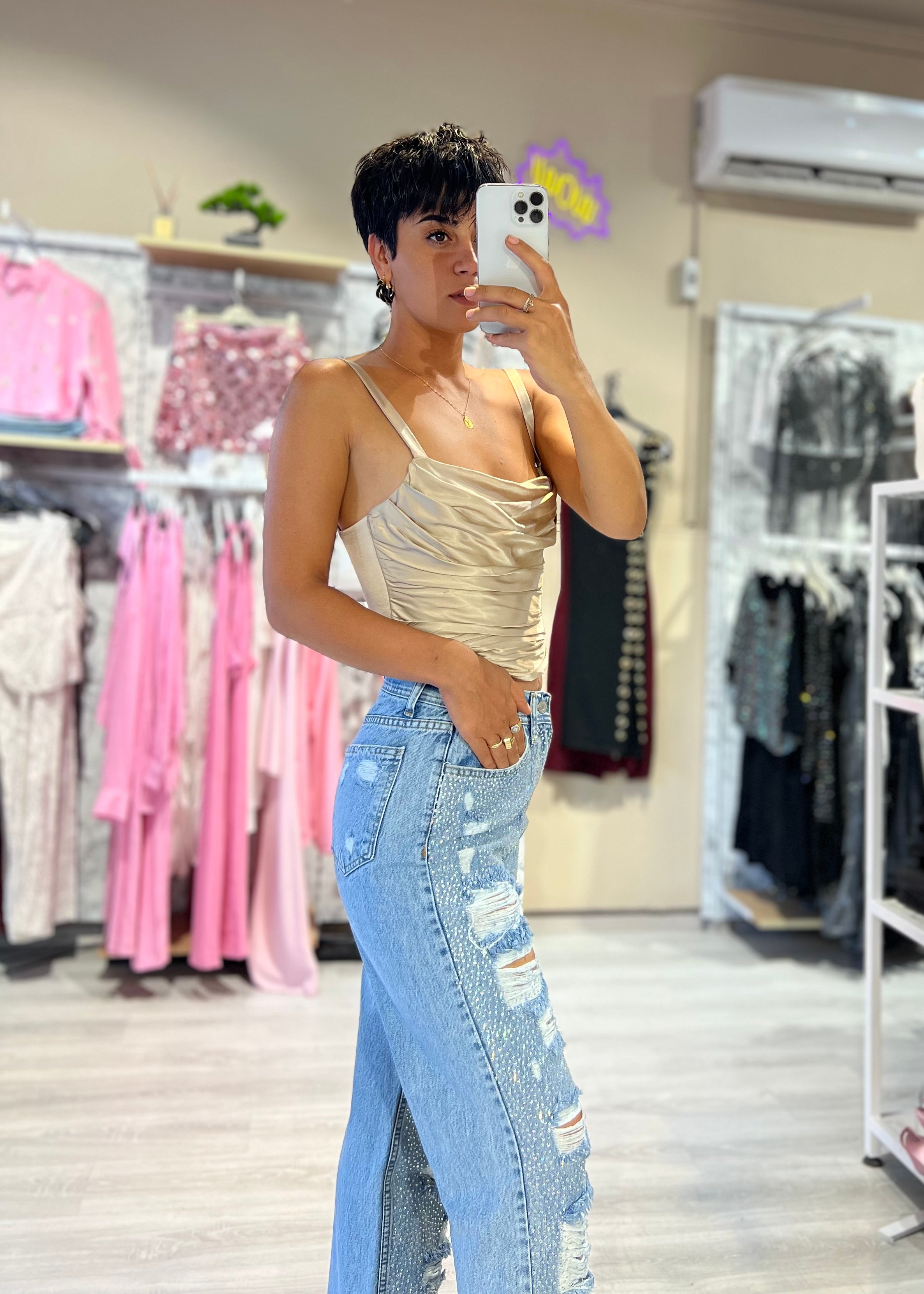 Mavi Taşlı  Lazer Kesim Jean Pantolon