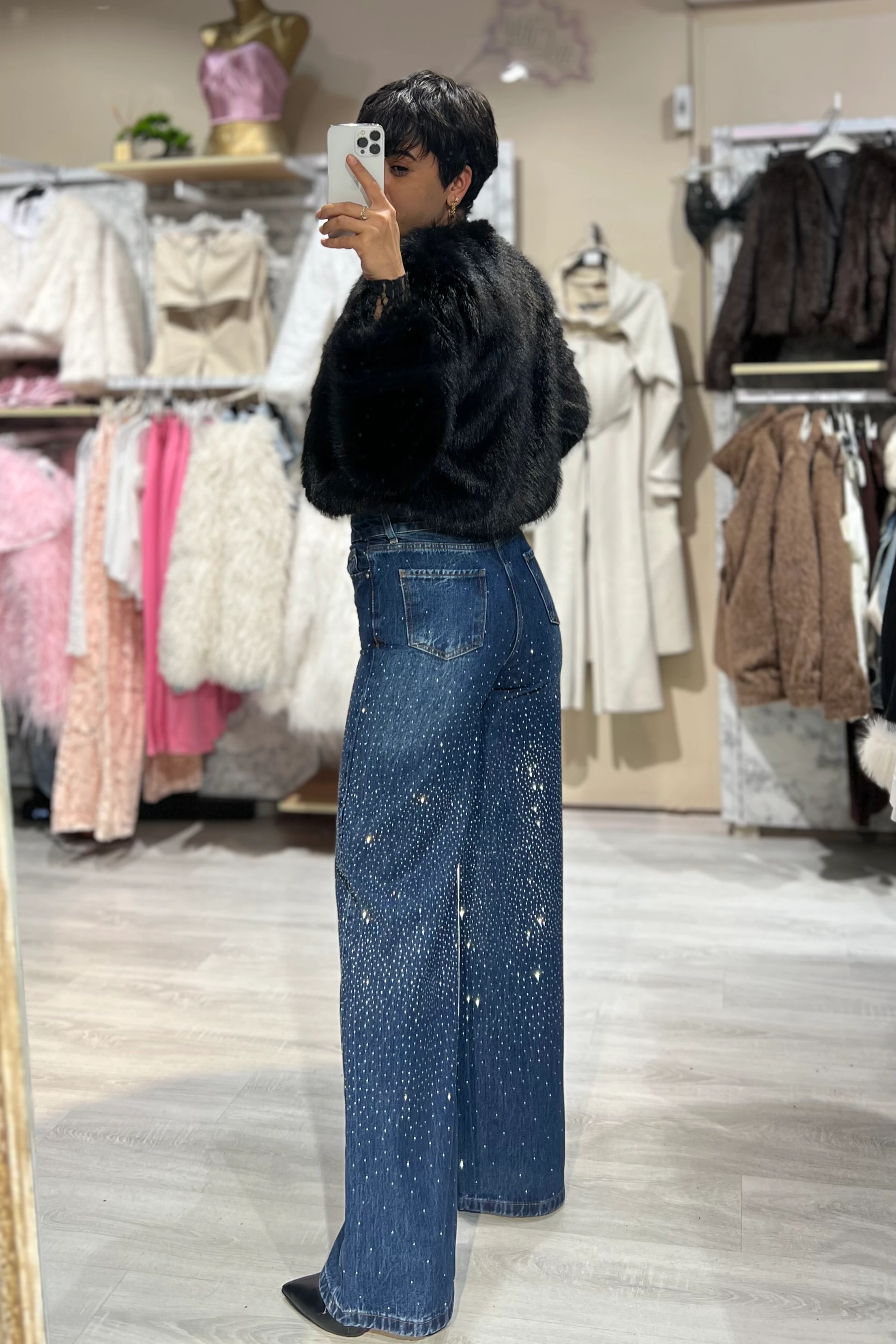 Mavi Ful Taşlı Palazzo Jean Pantolon 