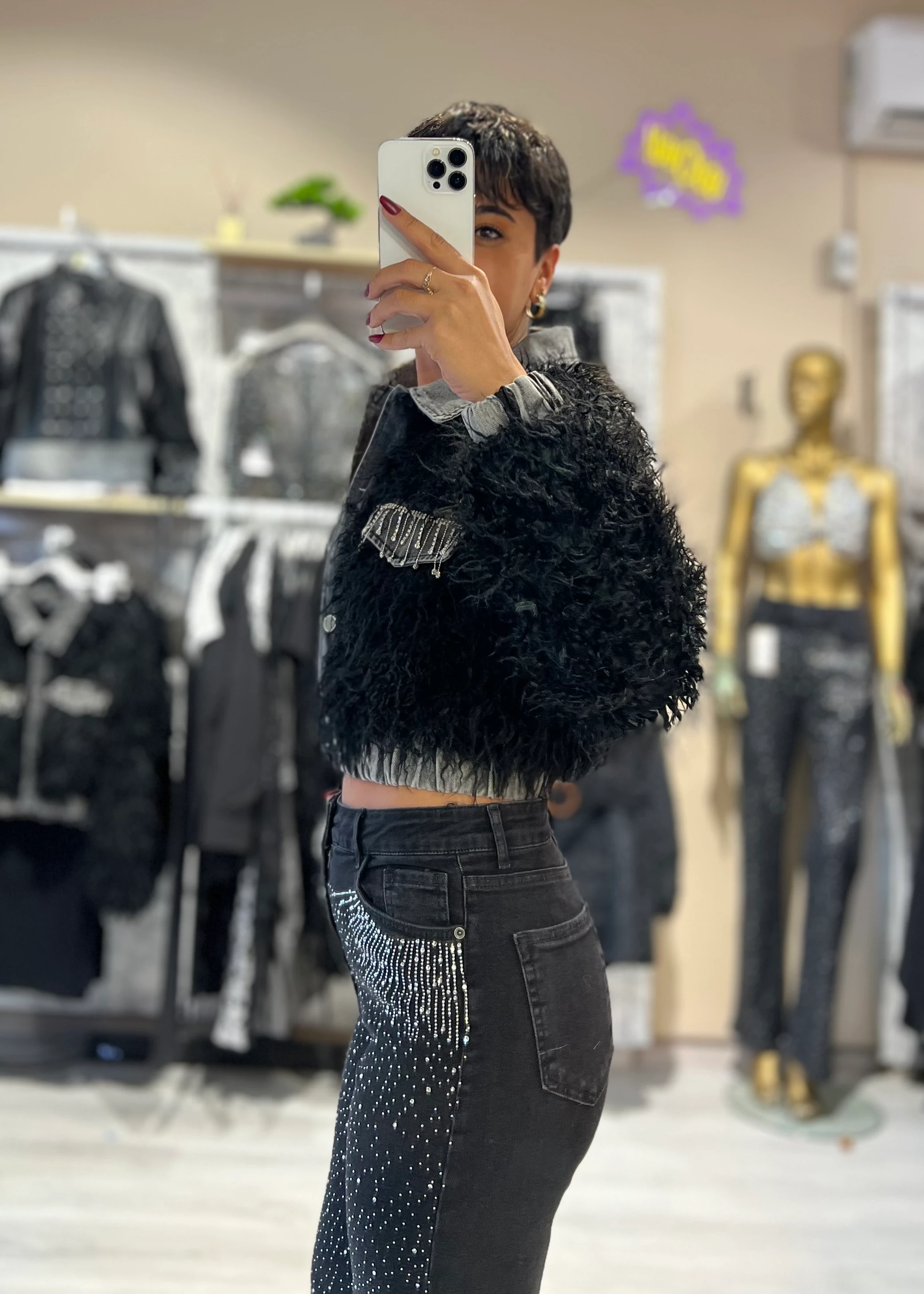 Premium Özel Tasarım Taş Detaylı Denim Garnili Süni Kürk Mont - SİYAH