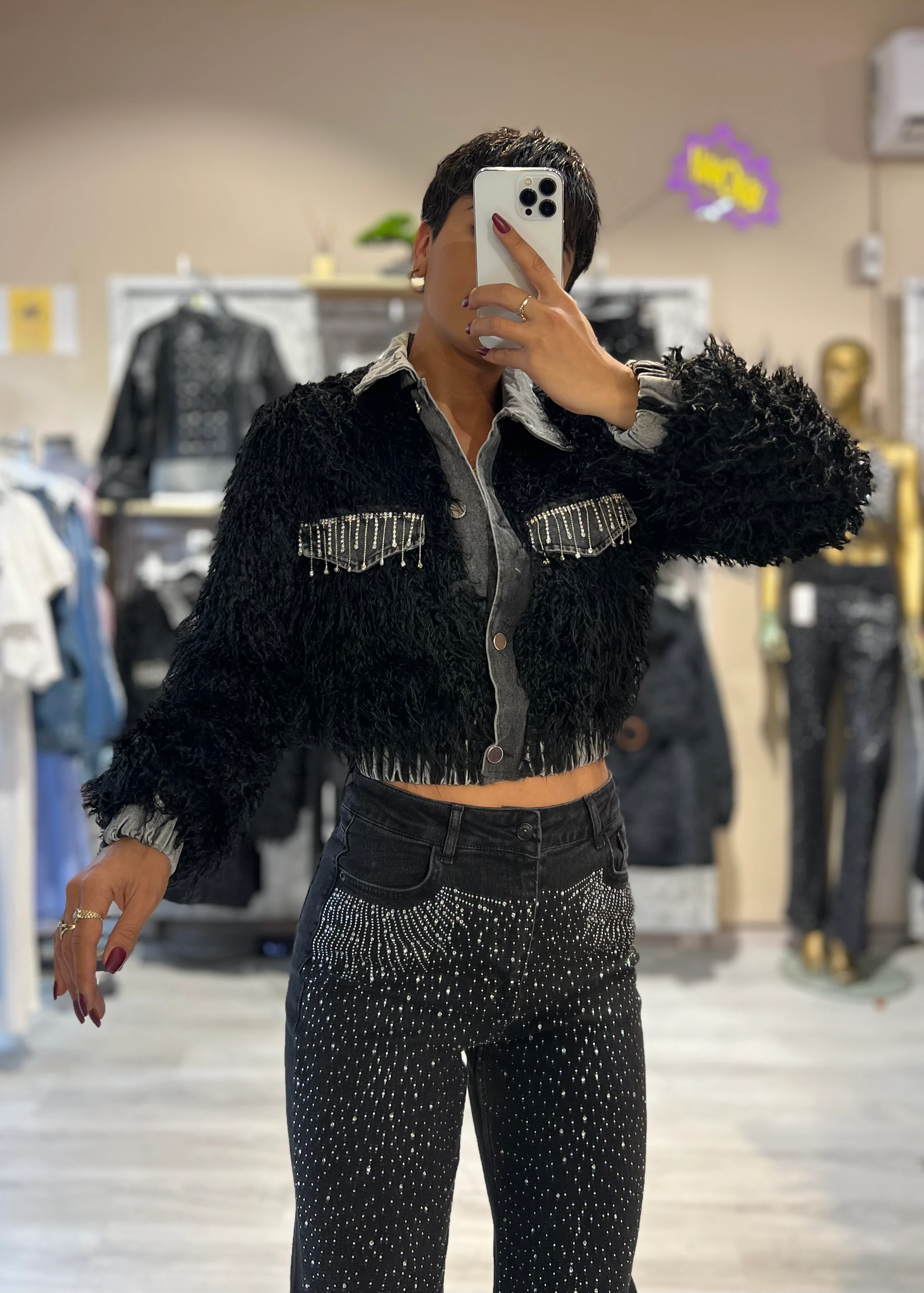 Premium Özel Tasarım Taş Detaylı Denim Garnili Süni Kürk Mont - SİYAH