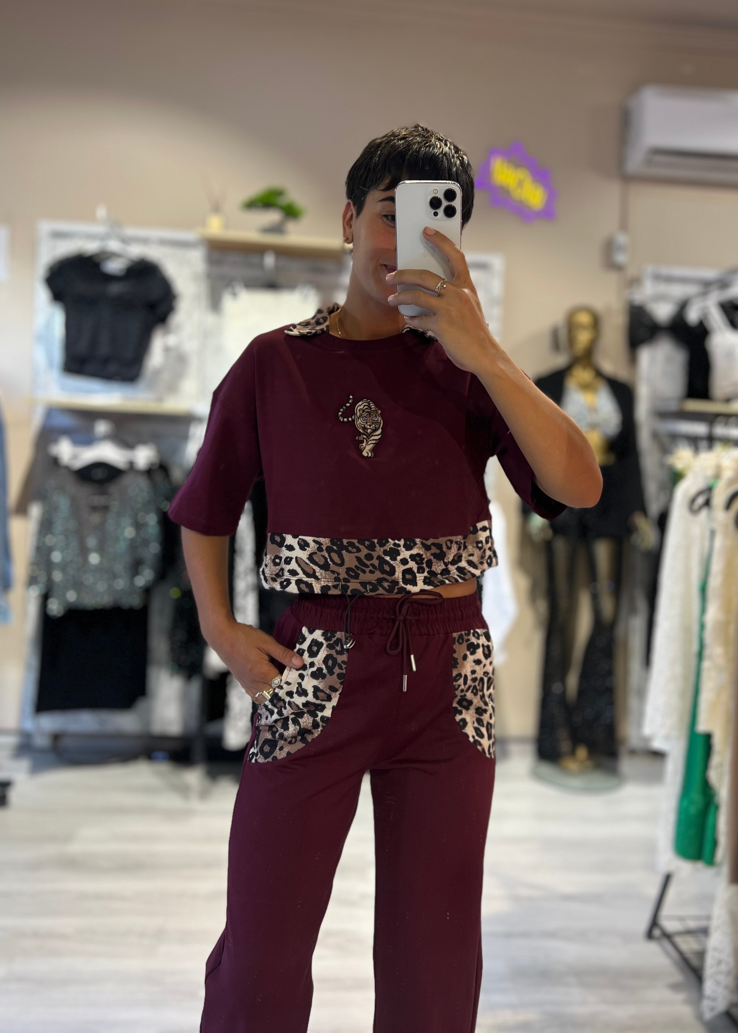 Bordo Leopar Detaylı 2'Li Eşofman Takımı
