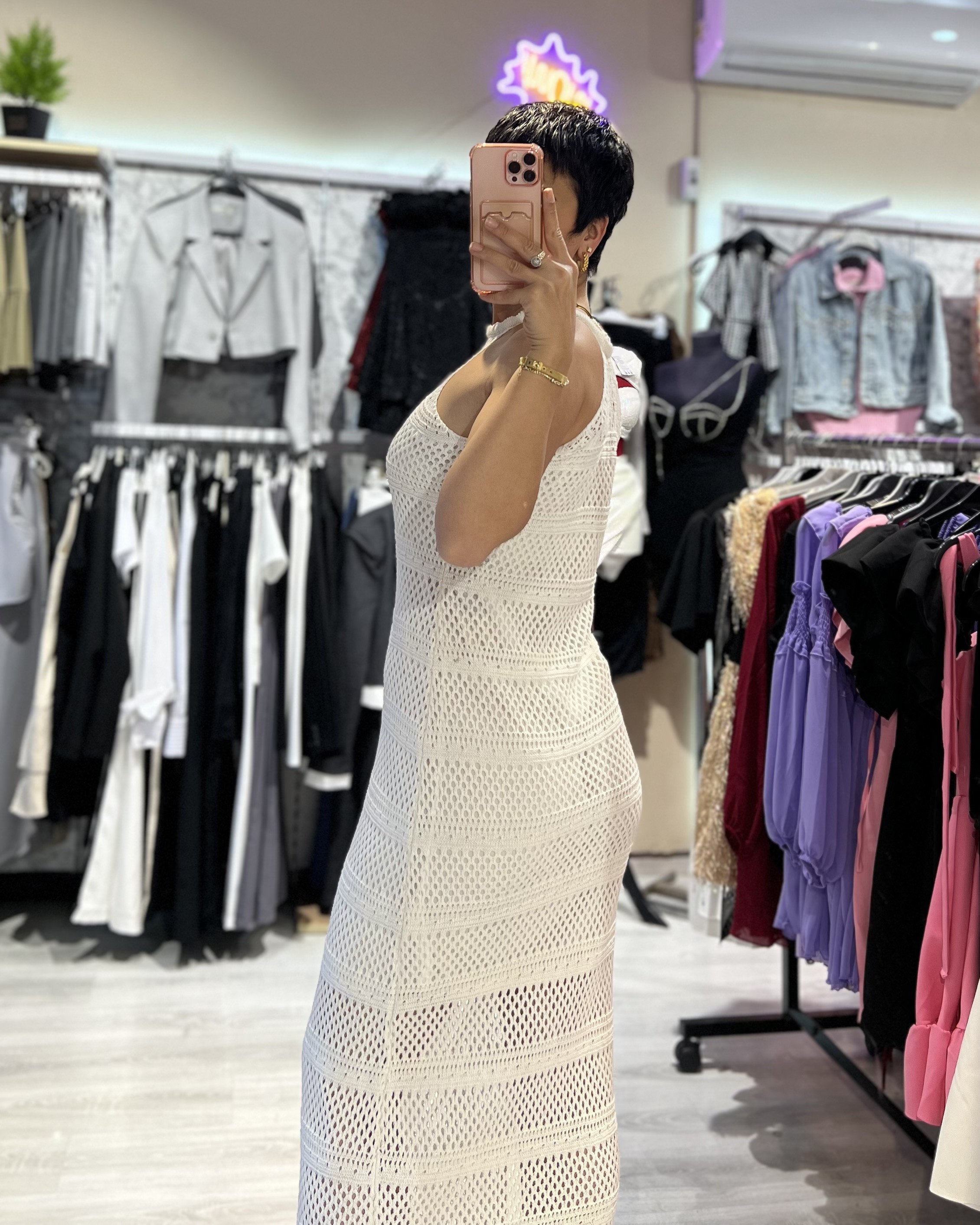 Ekru Halter Yaka Örme Uzun Elbise