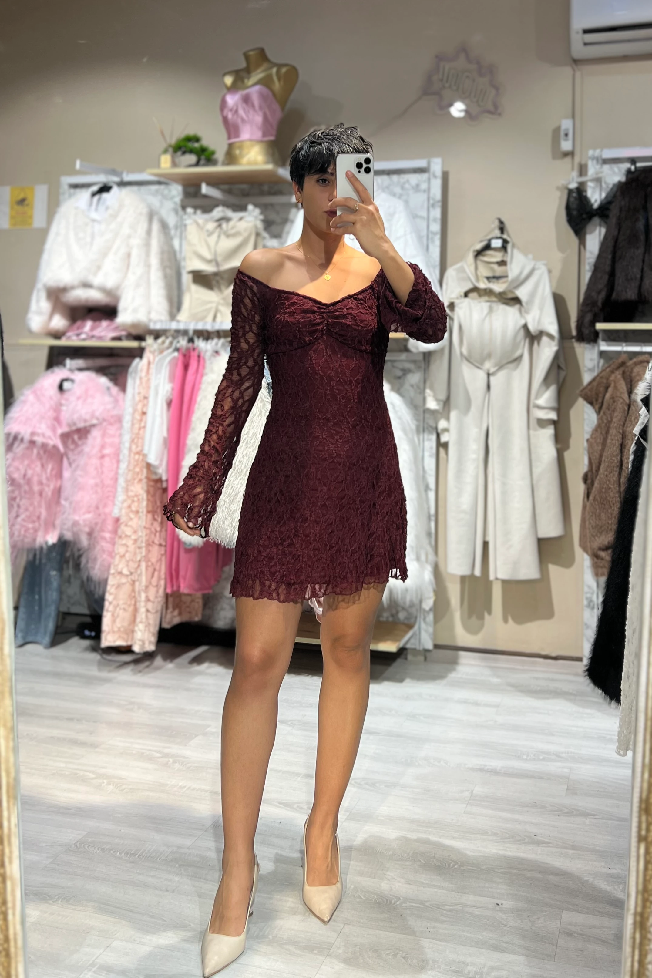 Dantel Madonna Yaka Elegance Elbise - BORDO