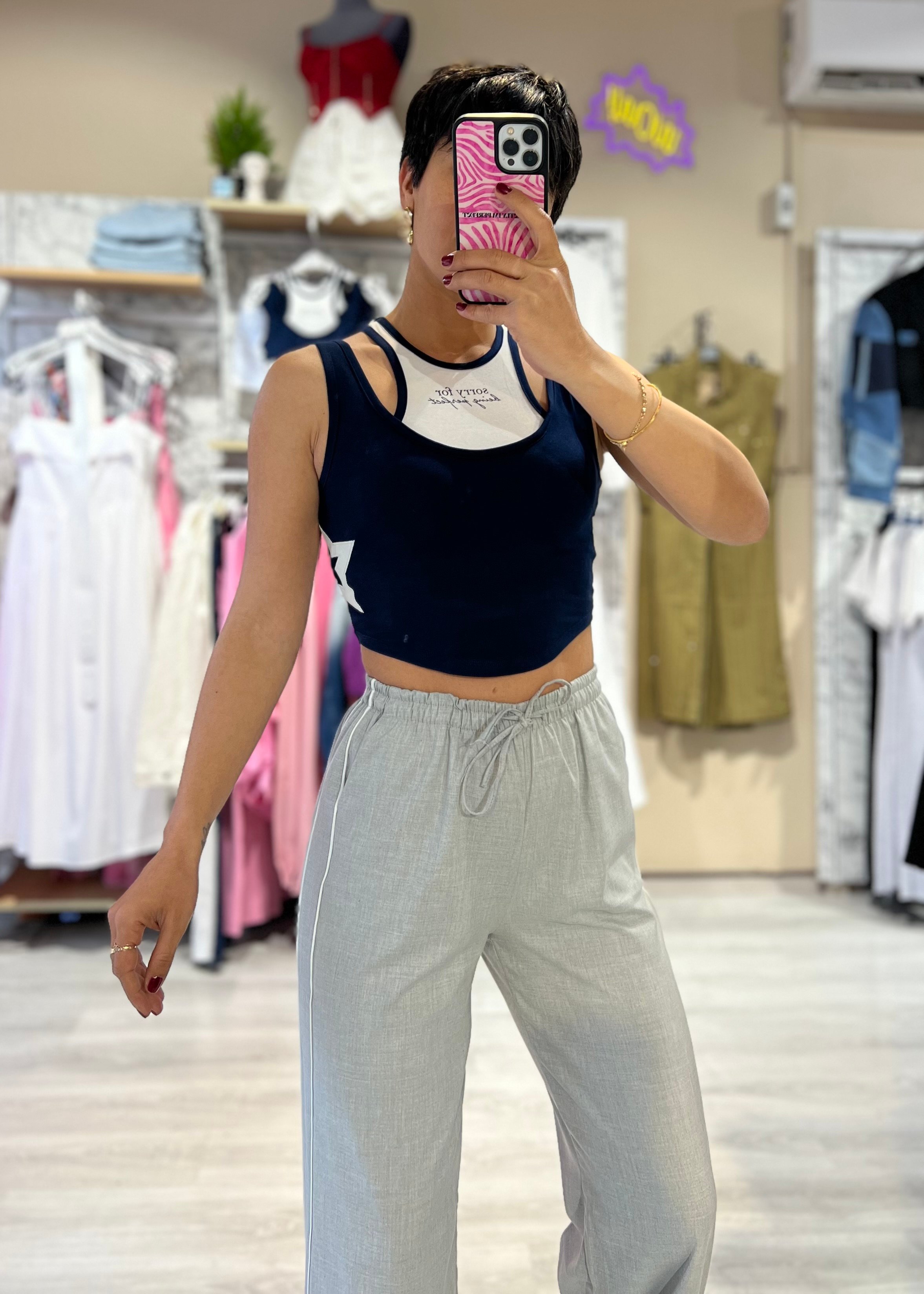 Lacivert Yıldız Desenli Crop Top