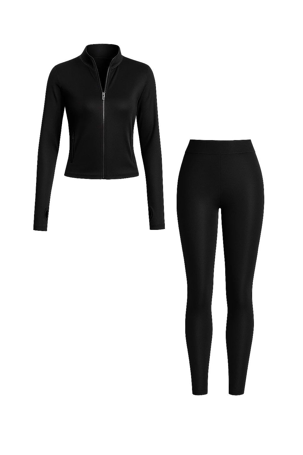LunaForm Fermuarlı Parmak Geçmeli Sweathirt Tayt Takım  - SİYAH