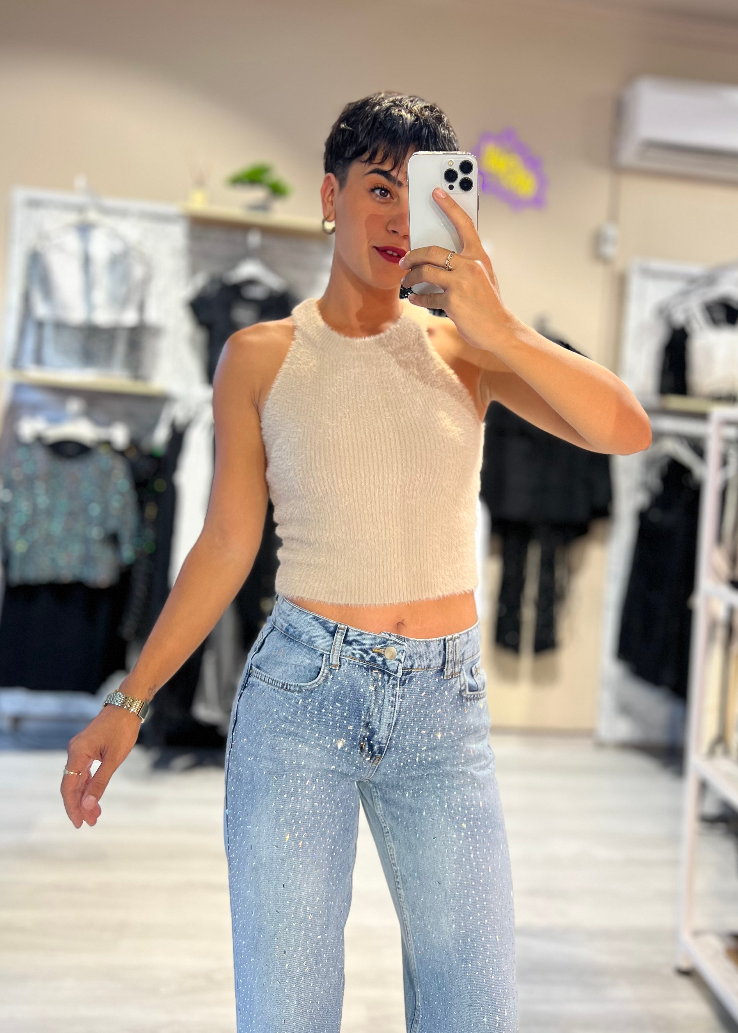 Halter Yaka Yumoş Bluz - BEJ