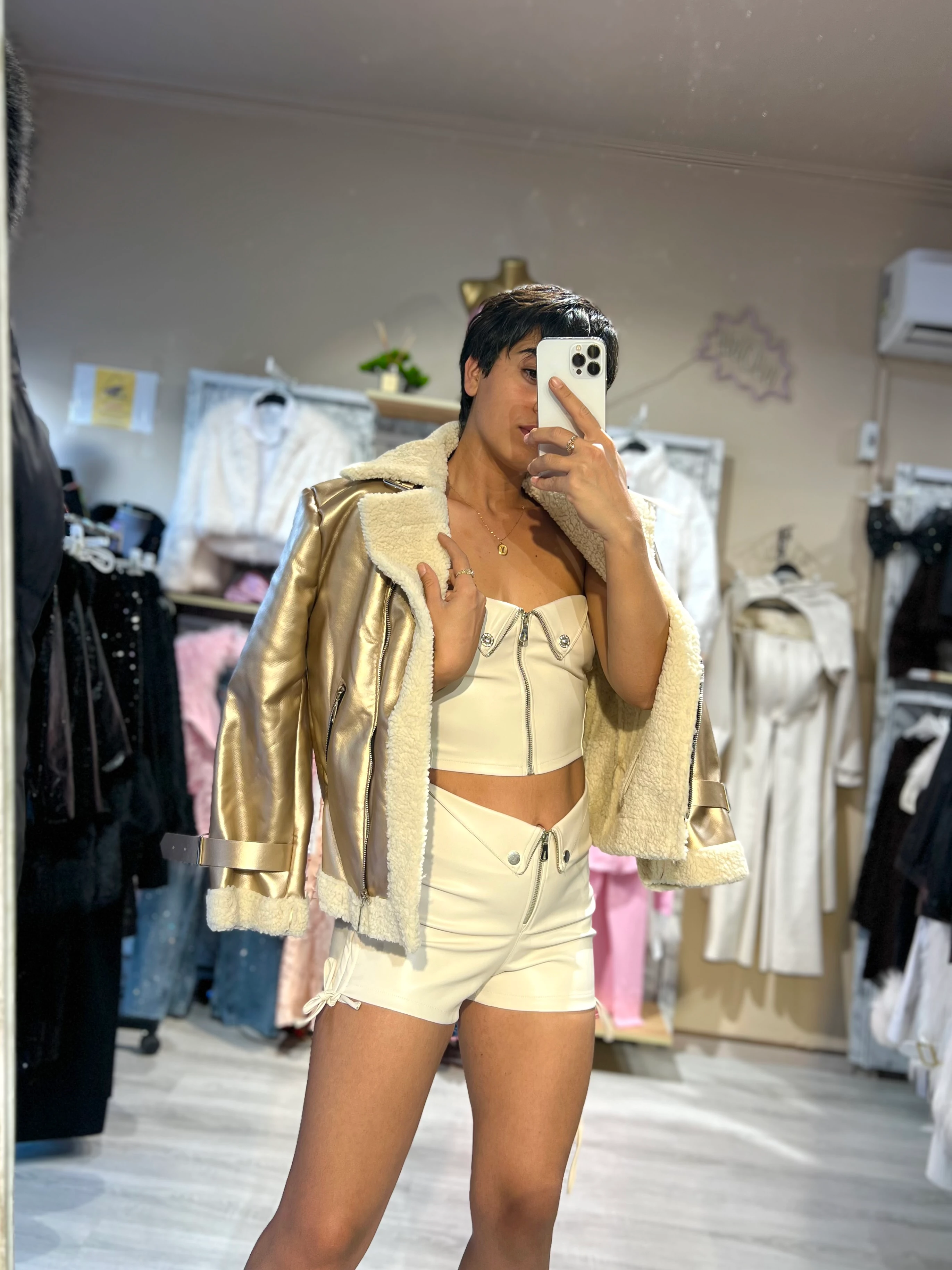 Suni Deri Büstiyer & Şort Takım  - BEJ