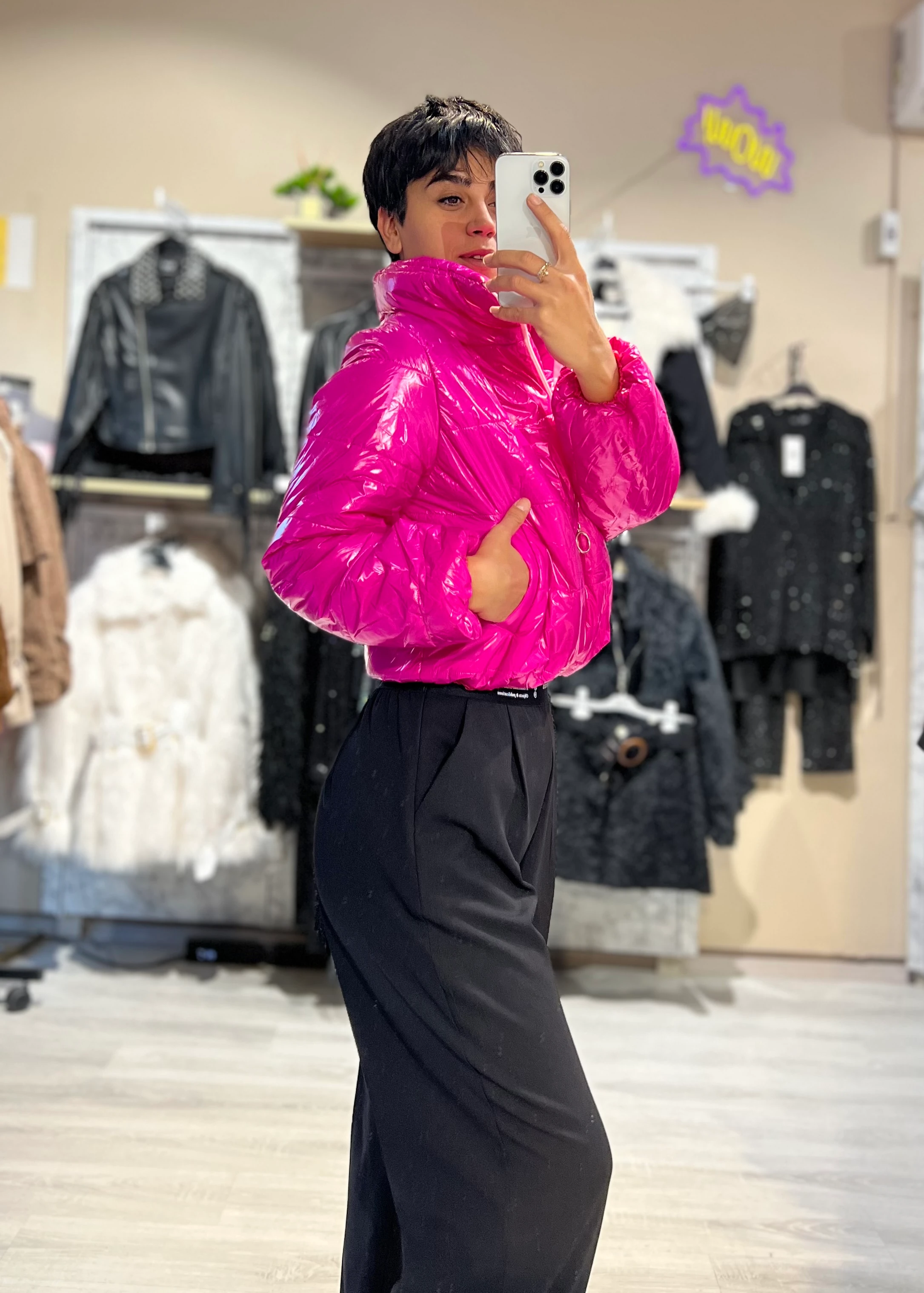 Parlak Dik Yaka Crop Şişme Mont - PEMBE