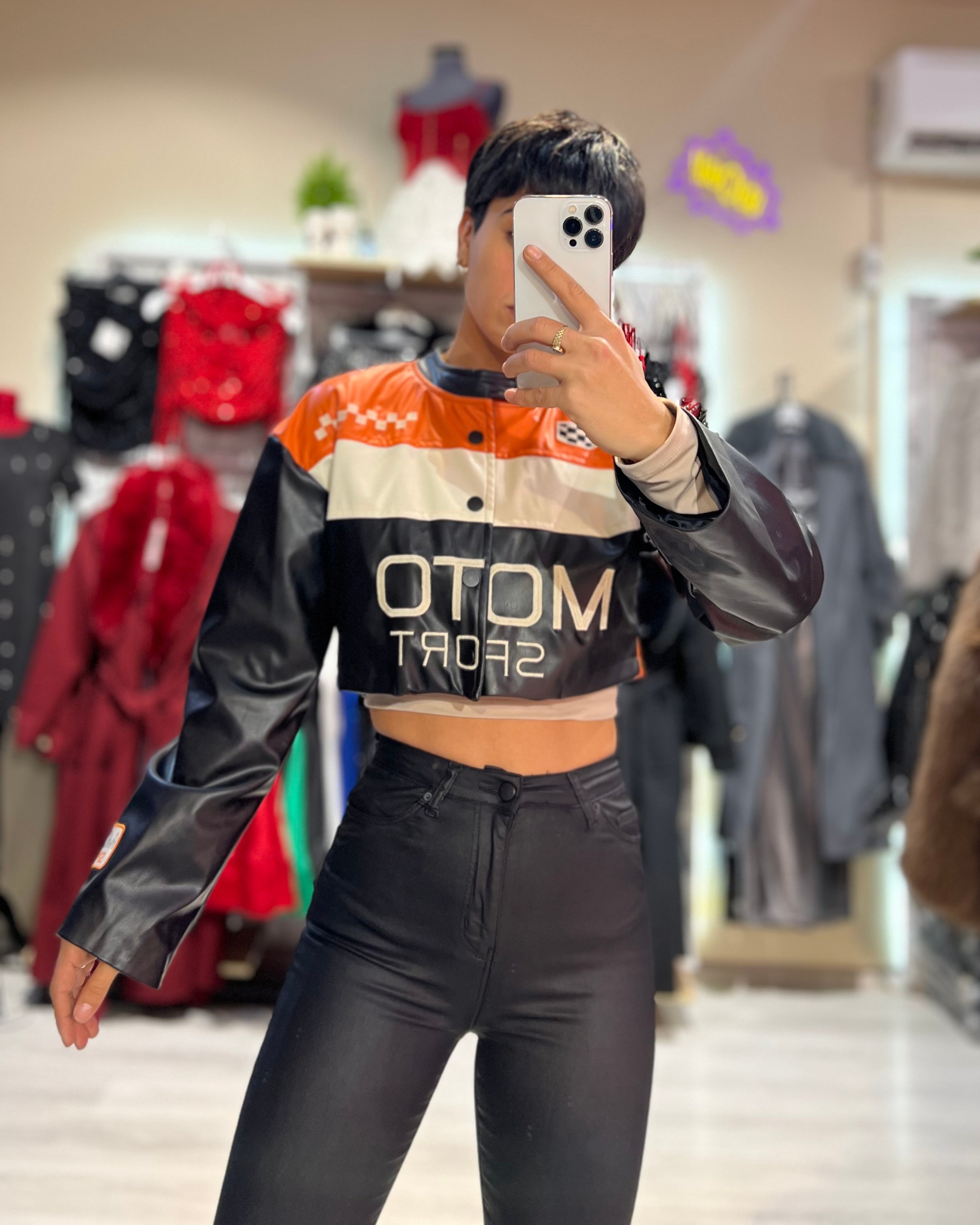 Moto Sport Suni Deri Crop Ceket