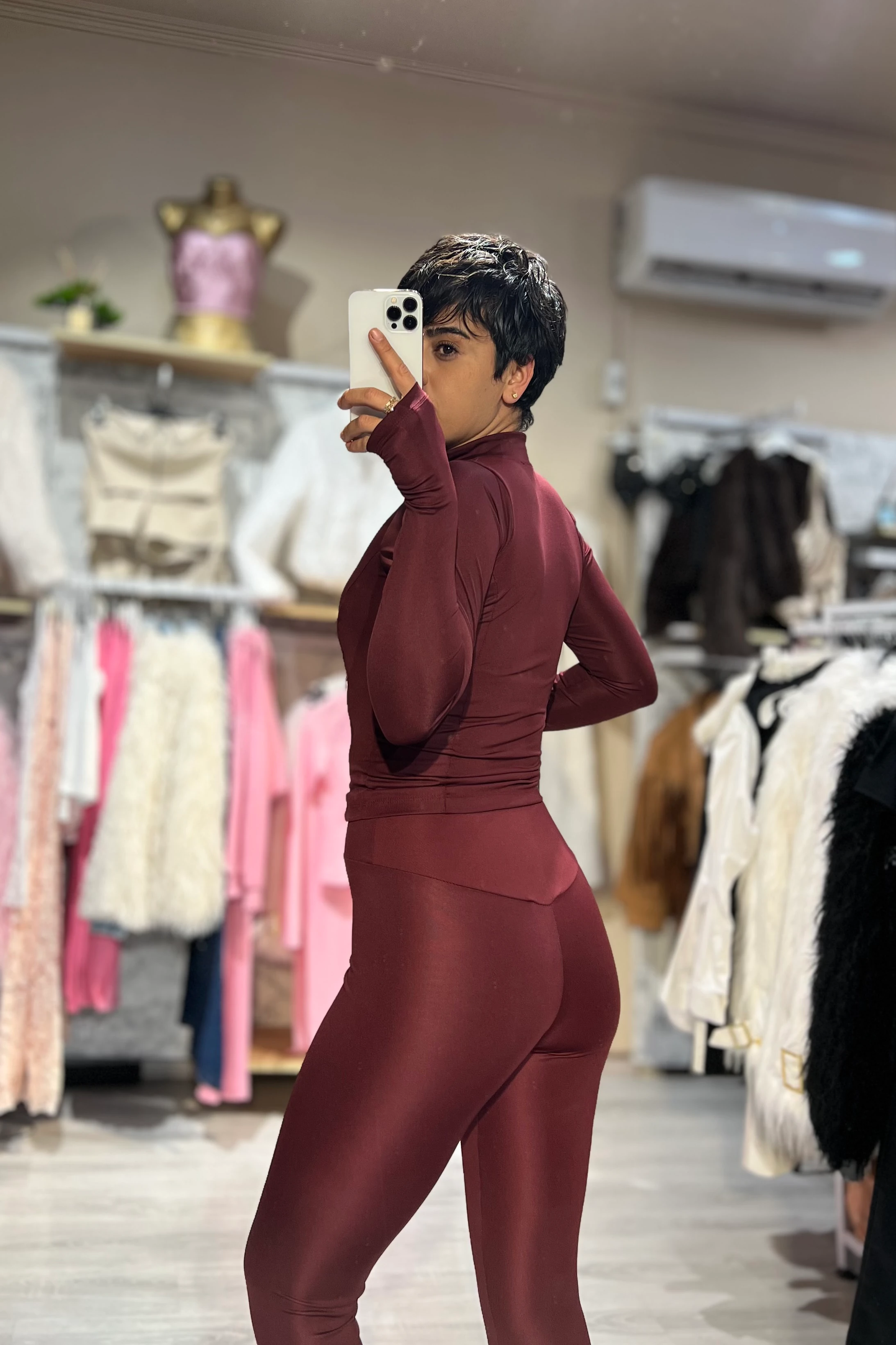 LunaForm Fermuarlı Parmak Geçmeli Sweathirt Tayt Takım  - BORDO