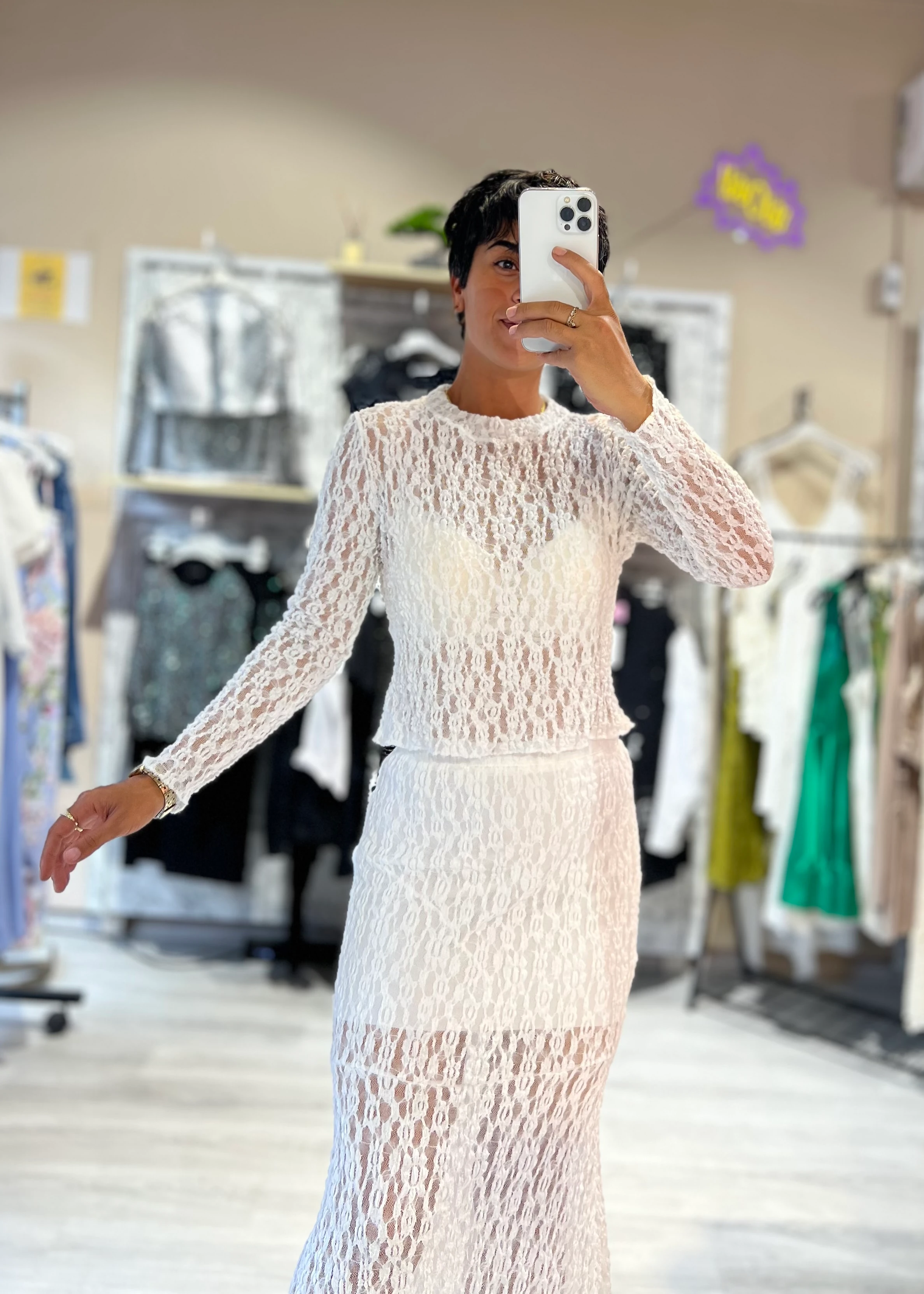 Dantel Transparan Bluz & Etek Takım - BEYAZ