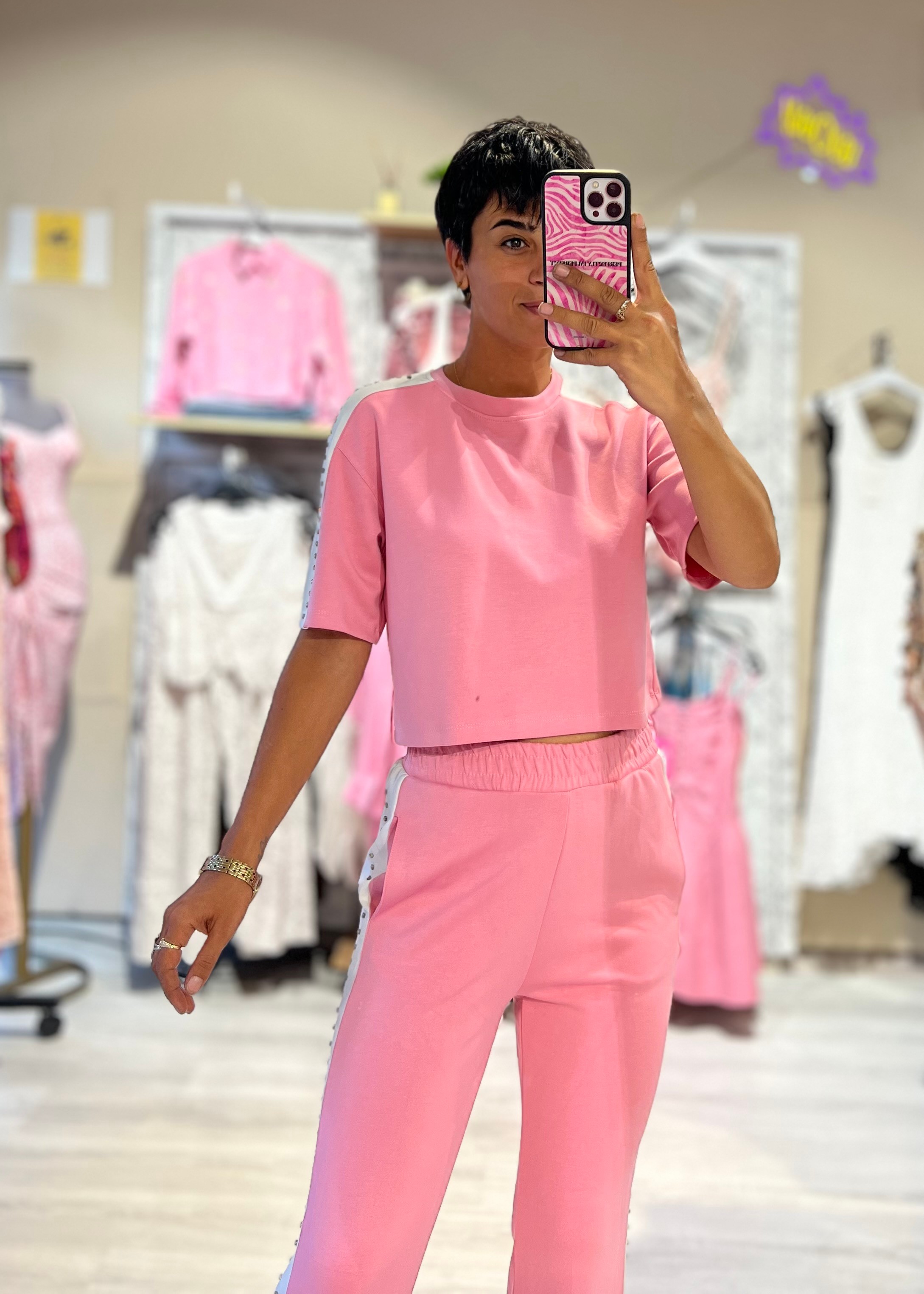 Pembe Çakma Şerit Taşlı Tişört & Eşofman Altı Takım