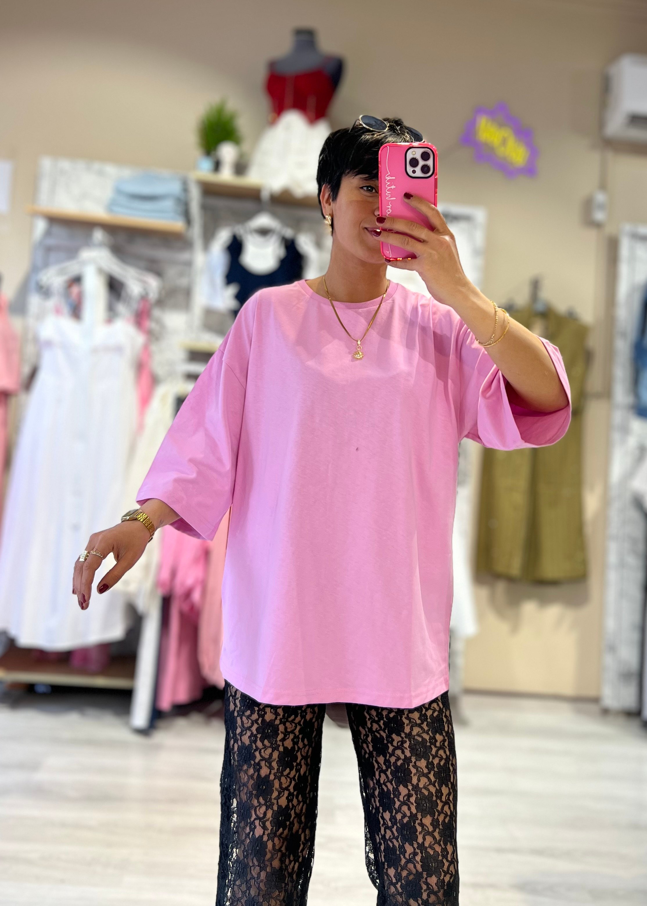 Oversize Bisiklet Yaka Fakir Kol Tişört