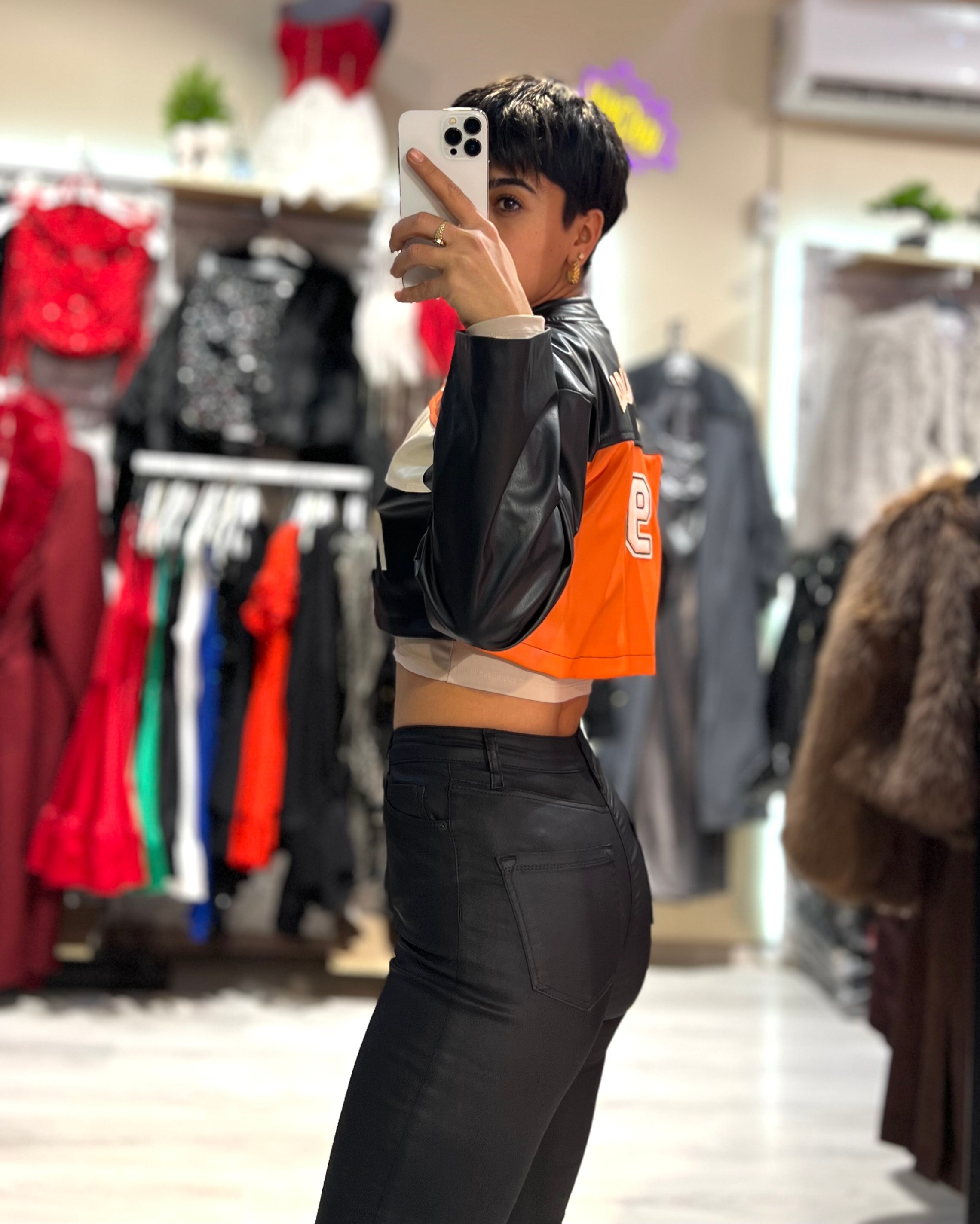 Moto Sport Suni Deri Crop Ceket