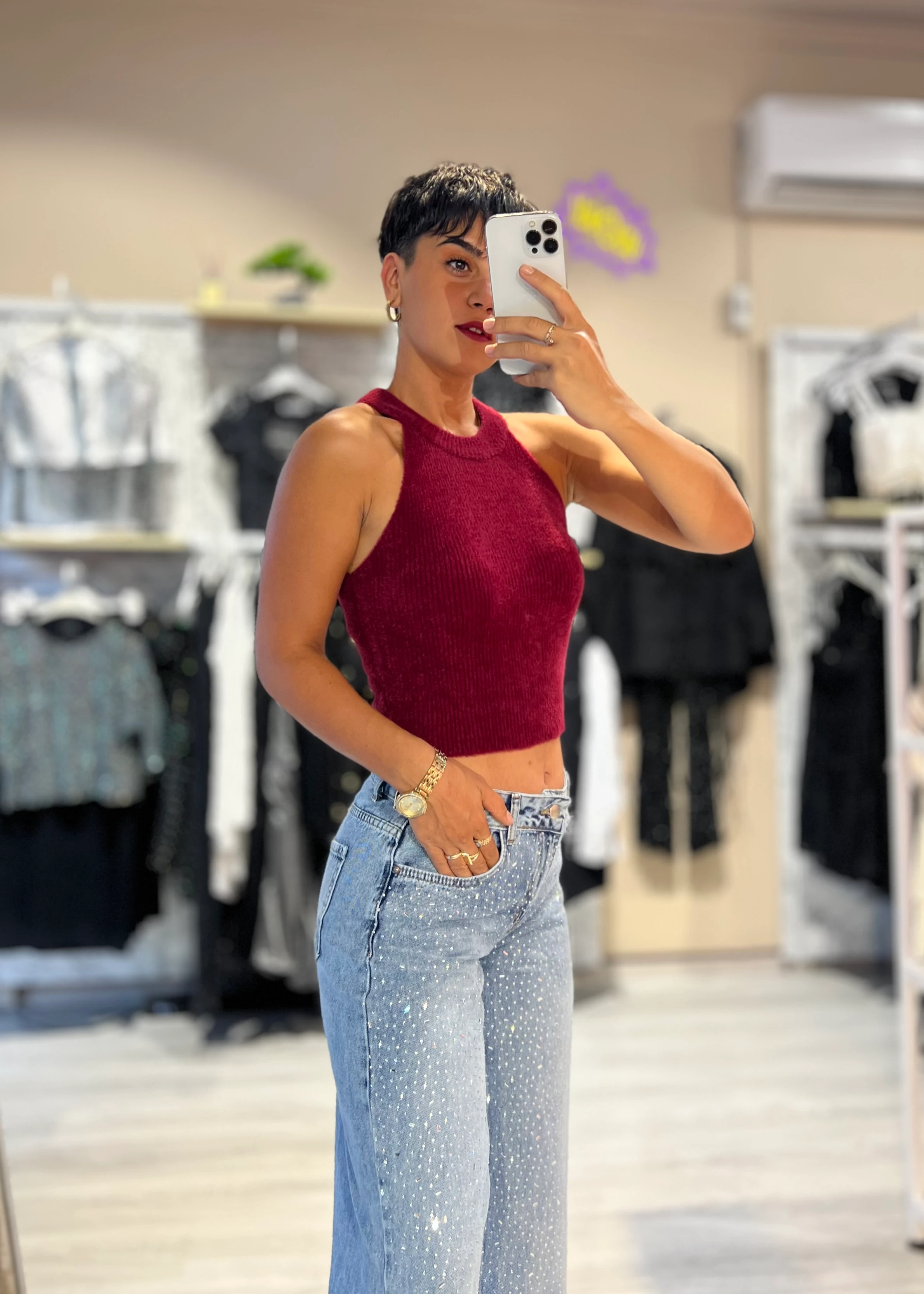 Halter Yaka Yumoş Bluz - BORDO