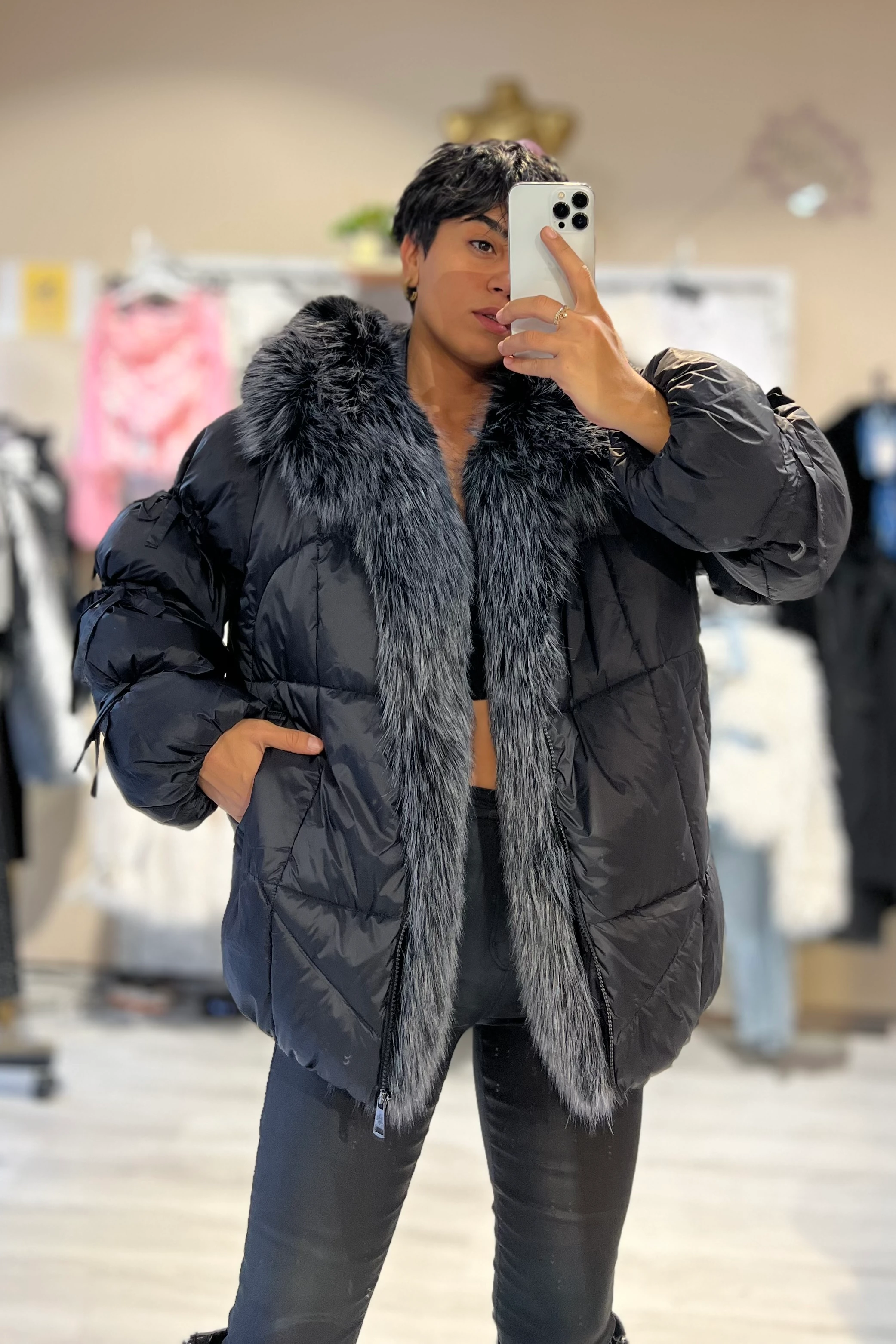 Kürk Yakası Çıkabilen Balon Kol Şişme Mont 