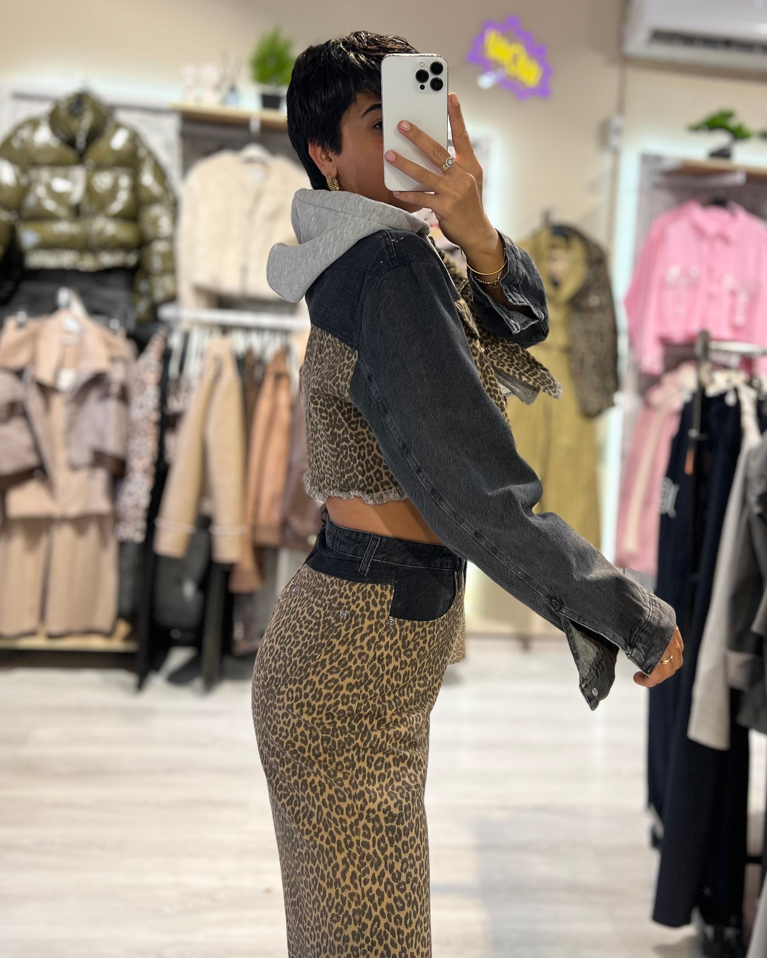 Leopar Kapüşonlu Denim Ceket