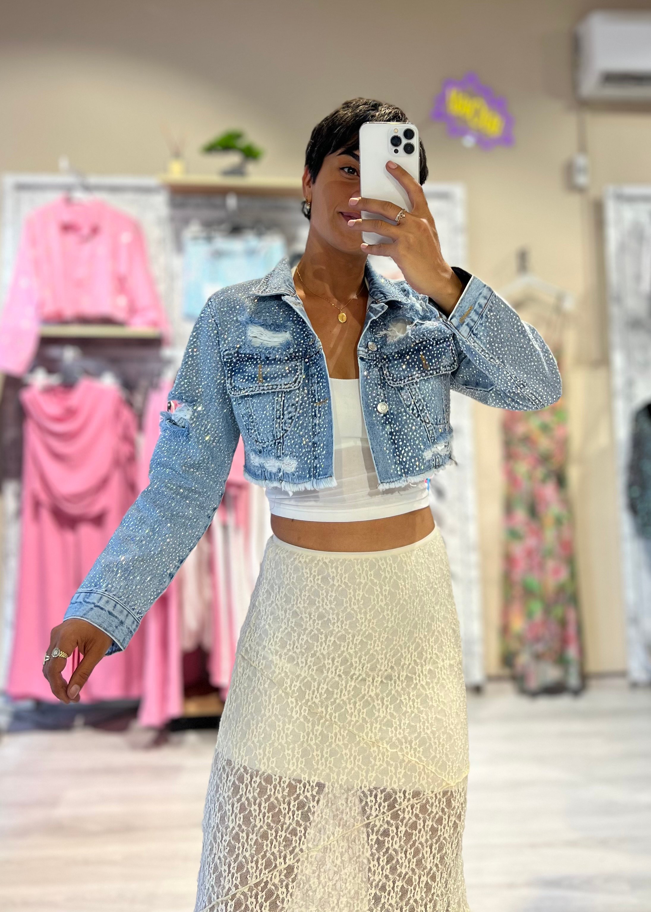 Taşlı Tasarım Lazer Kesimli Denim Ceket
