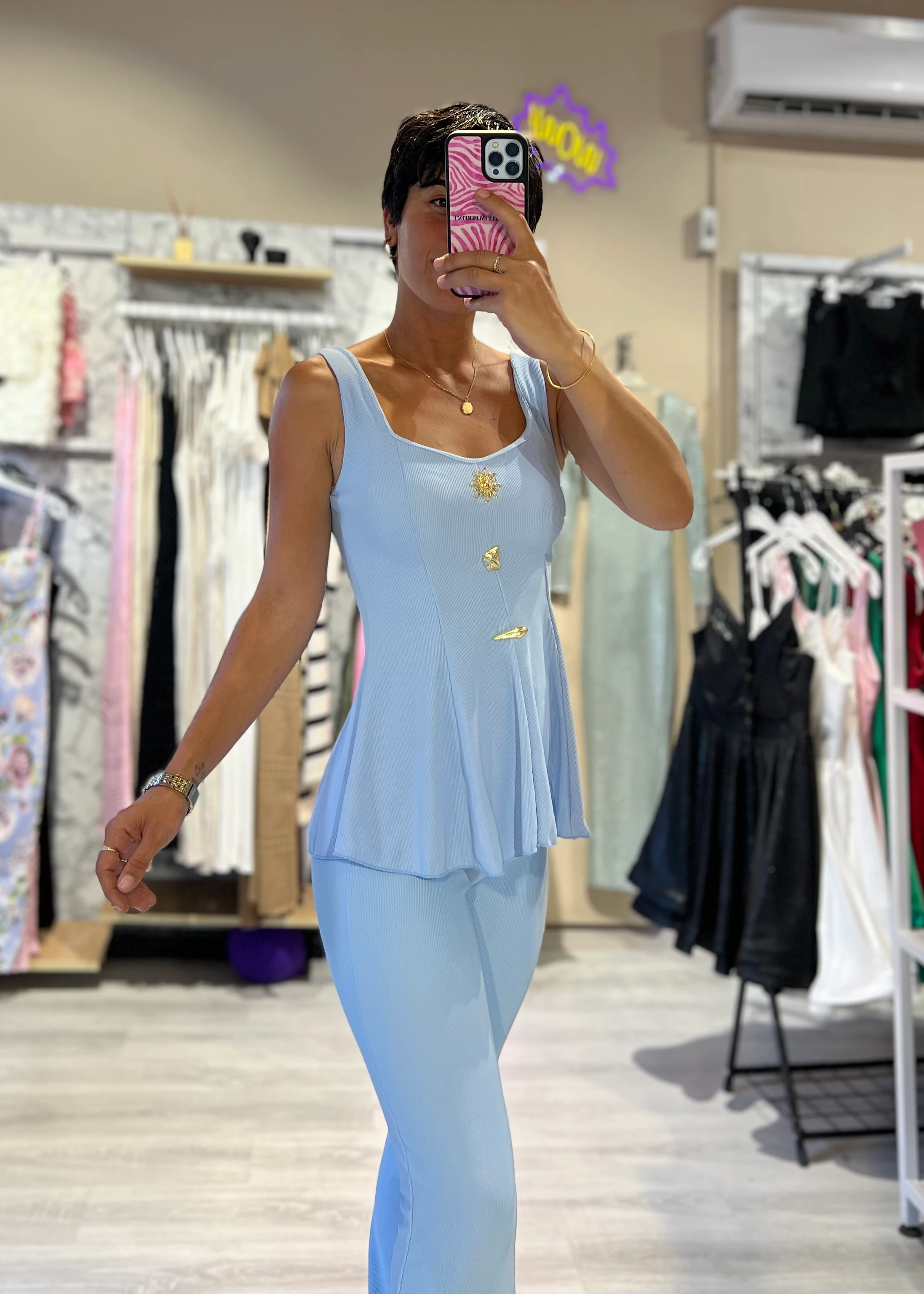 Kaşkorse Gold Aksesuarlı Bele Oturan Bluz - MAVİ