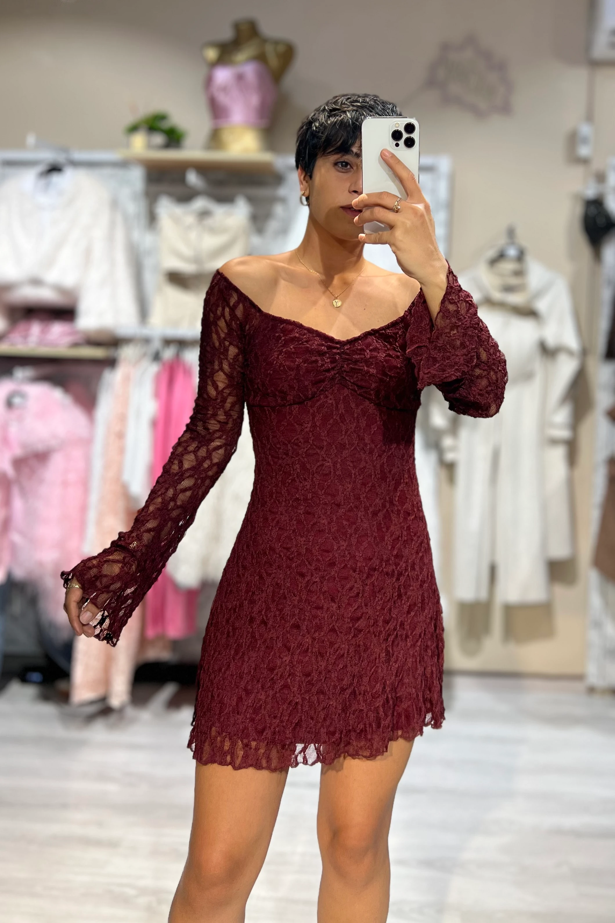 Dantel Madonna Yaka Elegance Elbise - BORDO