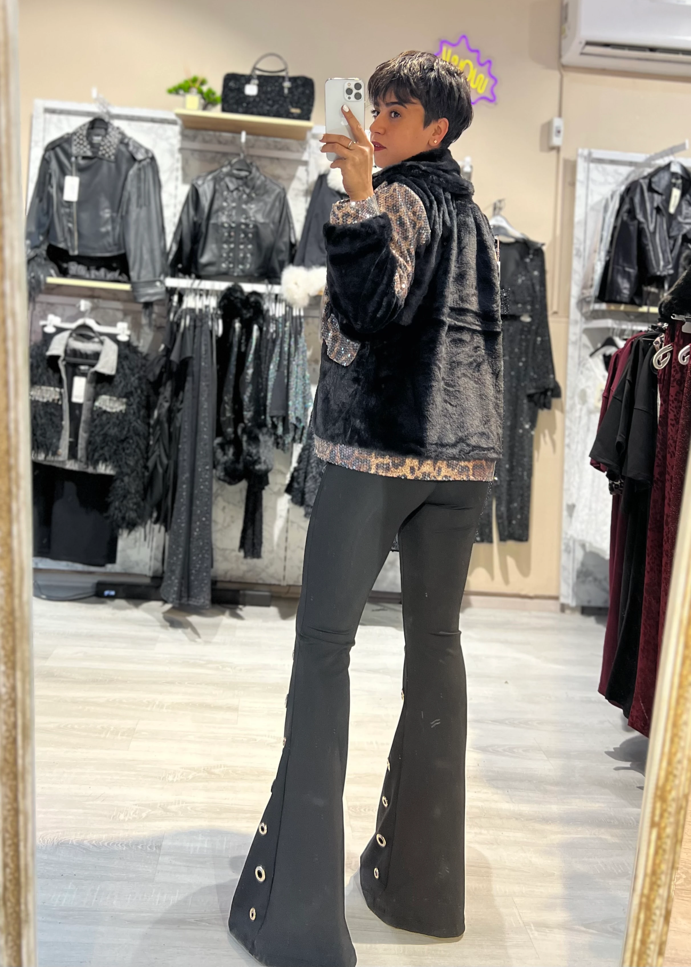 PulPayet Leopar Desenli Peluş Mont 