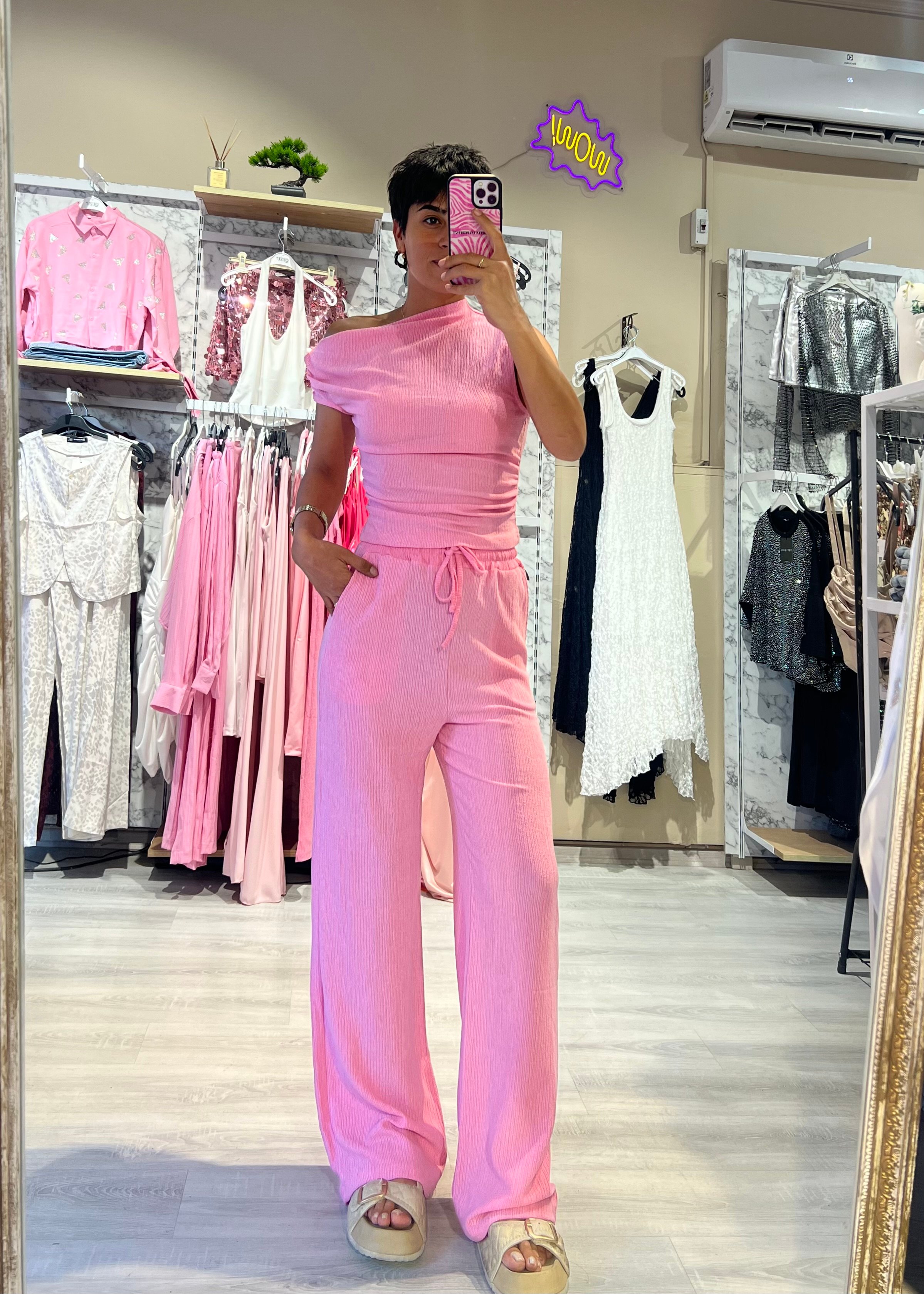 Düşük Omuz Bluz & Pantolon Takım - PEMBE