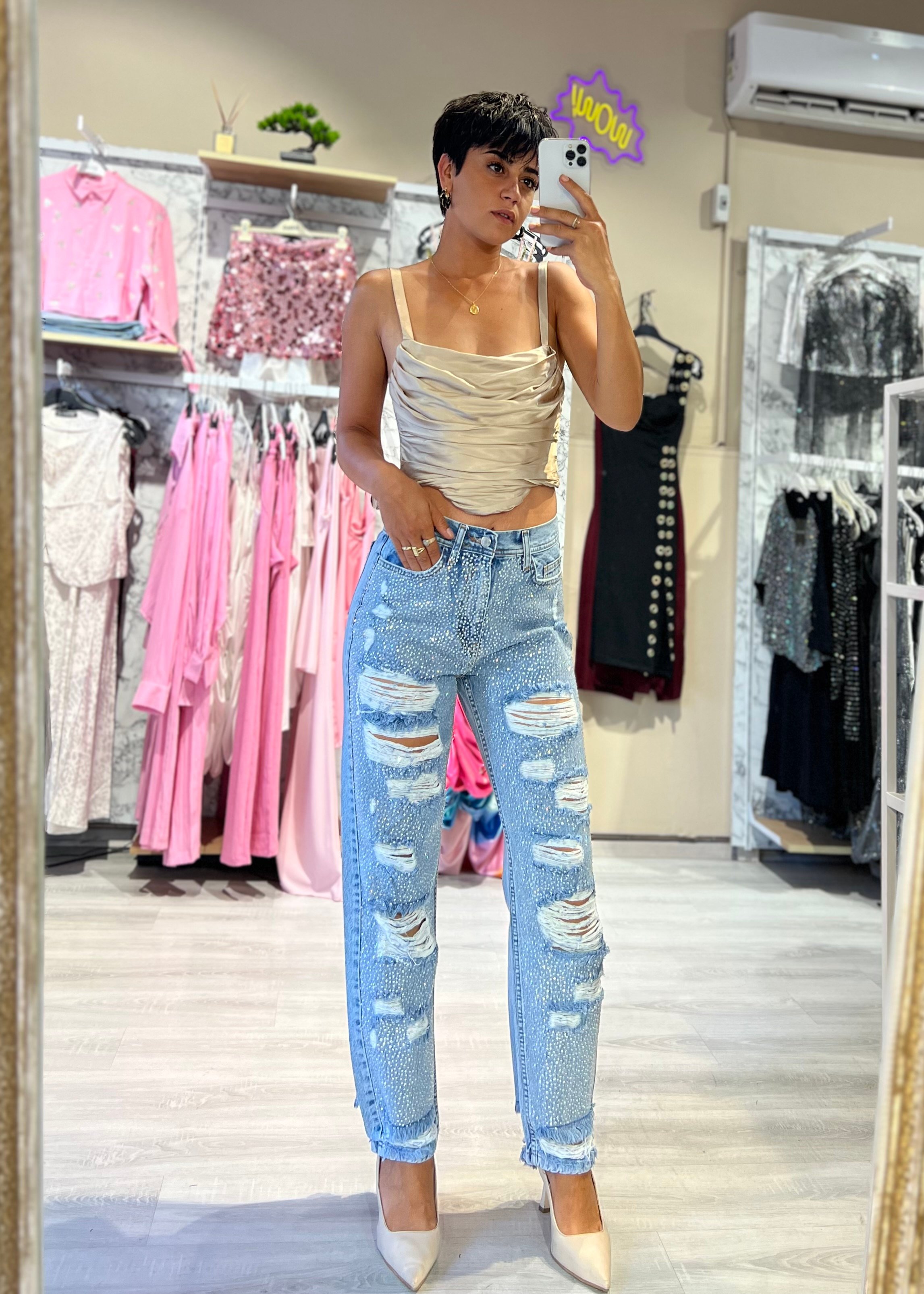Mavi Taşlı  Lazer Kesim Jean Pantolon