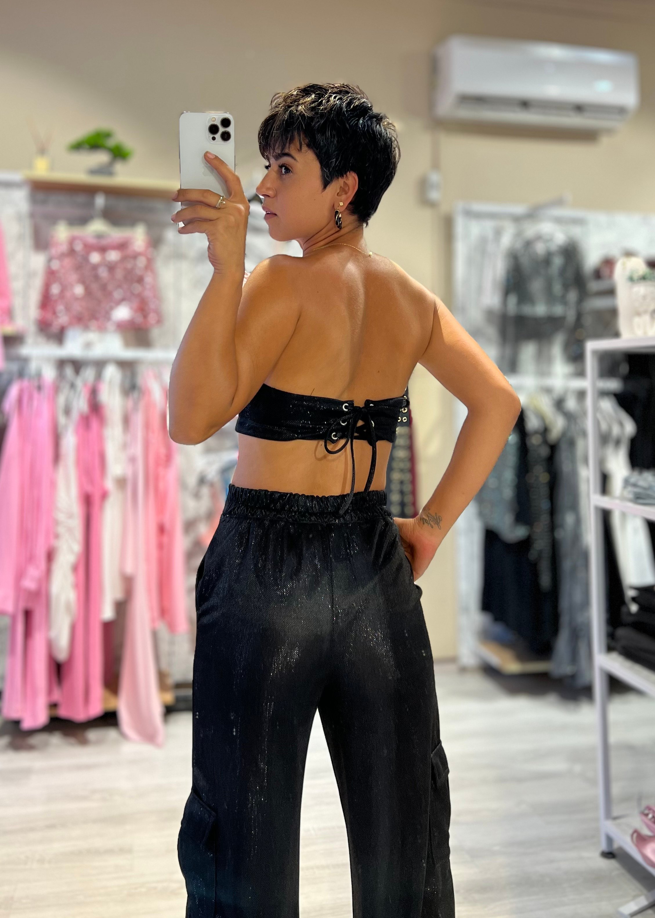 Parka Işıltılı Tasarım Crop Top & Pantolon Takım