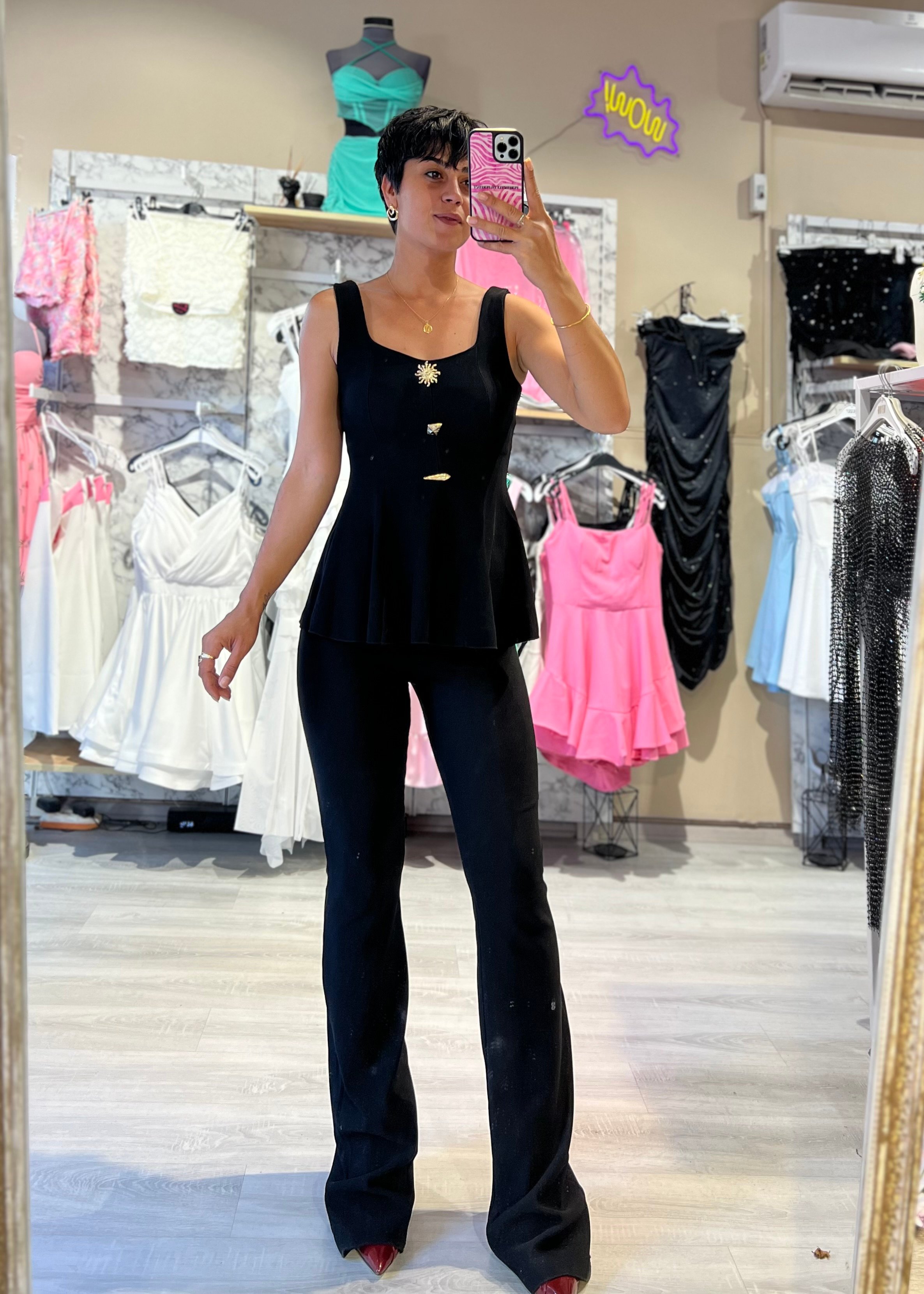Kaşkorse Kumaş Aksesuarlı Bele Oturan Bluz & Pantolon Takım