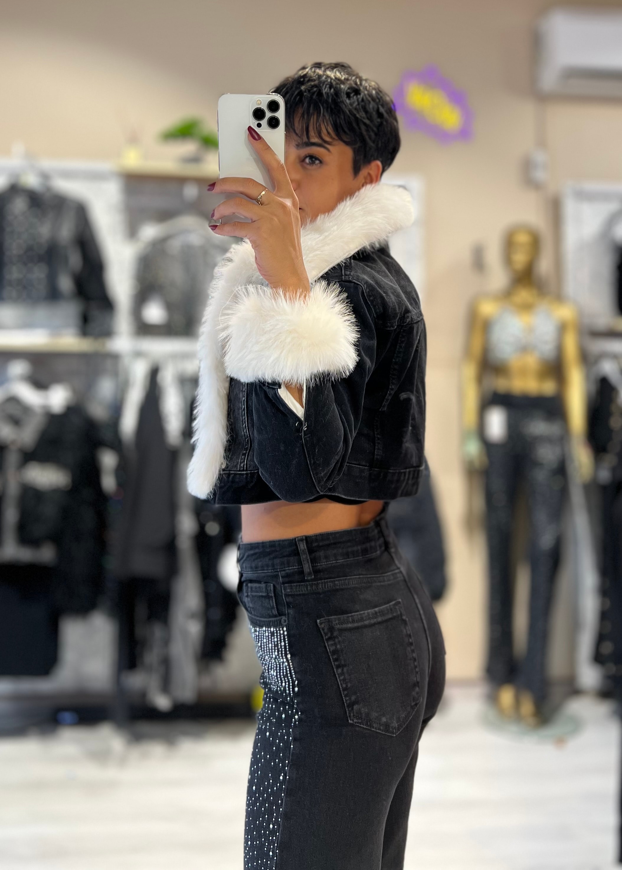 Suni Kürklü Yaka ve Kol Çıkabilen Denim Mont 