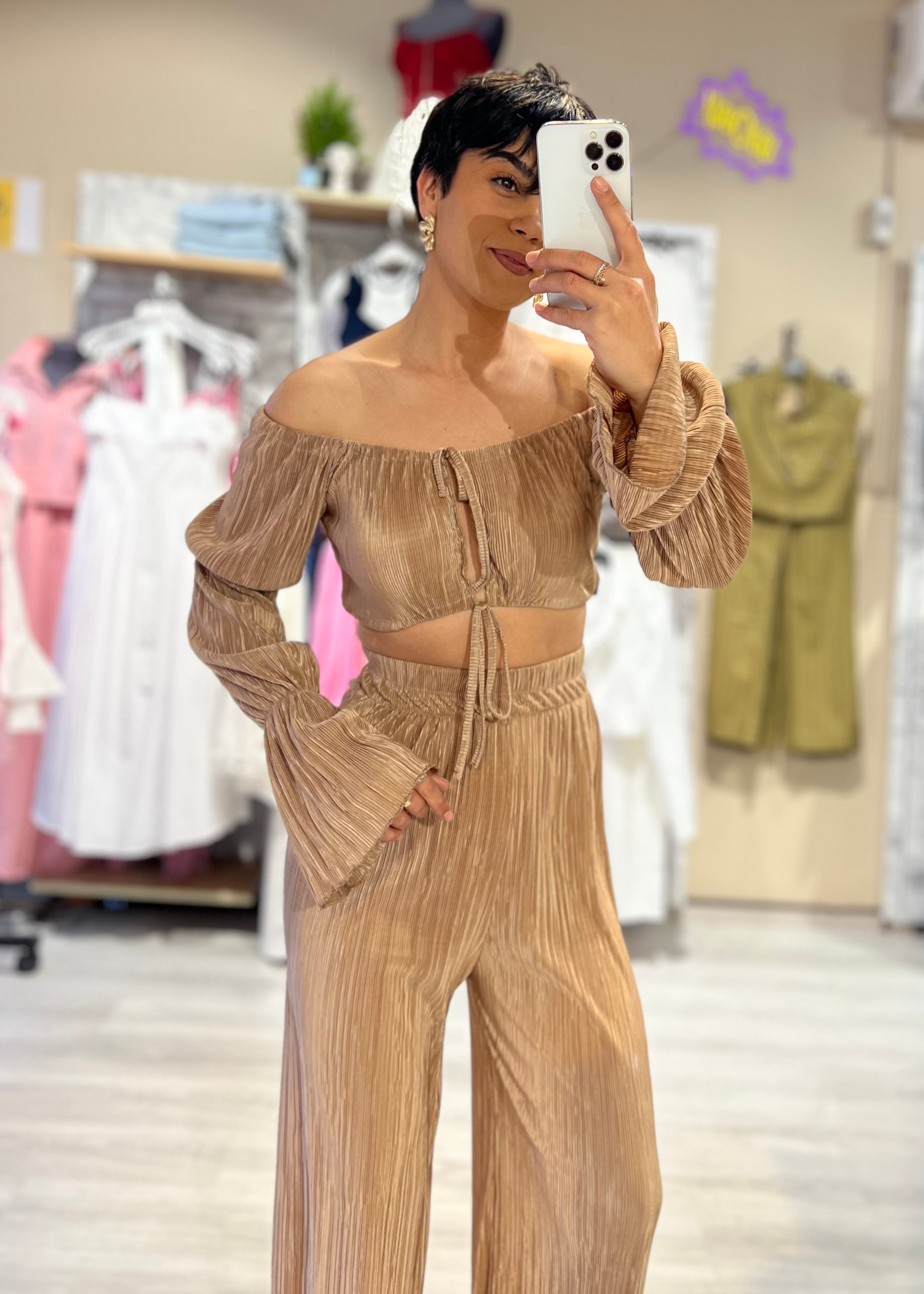 Plise Kumaş Çift Taraflı Bluz & Pantolon Takım