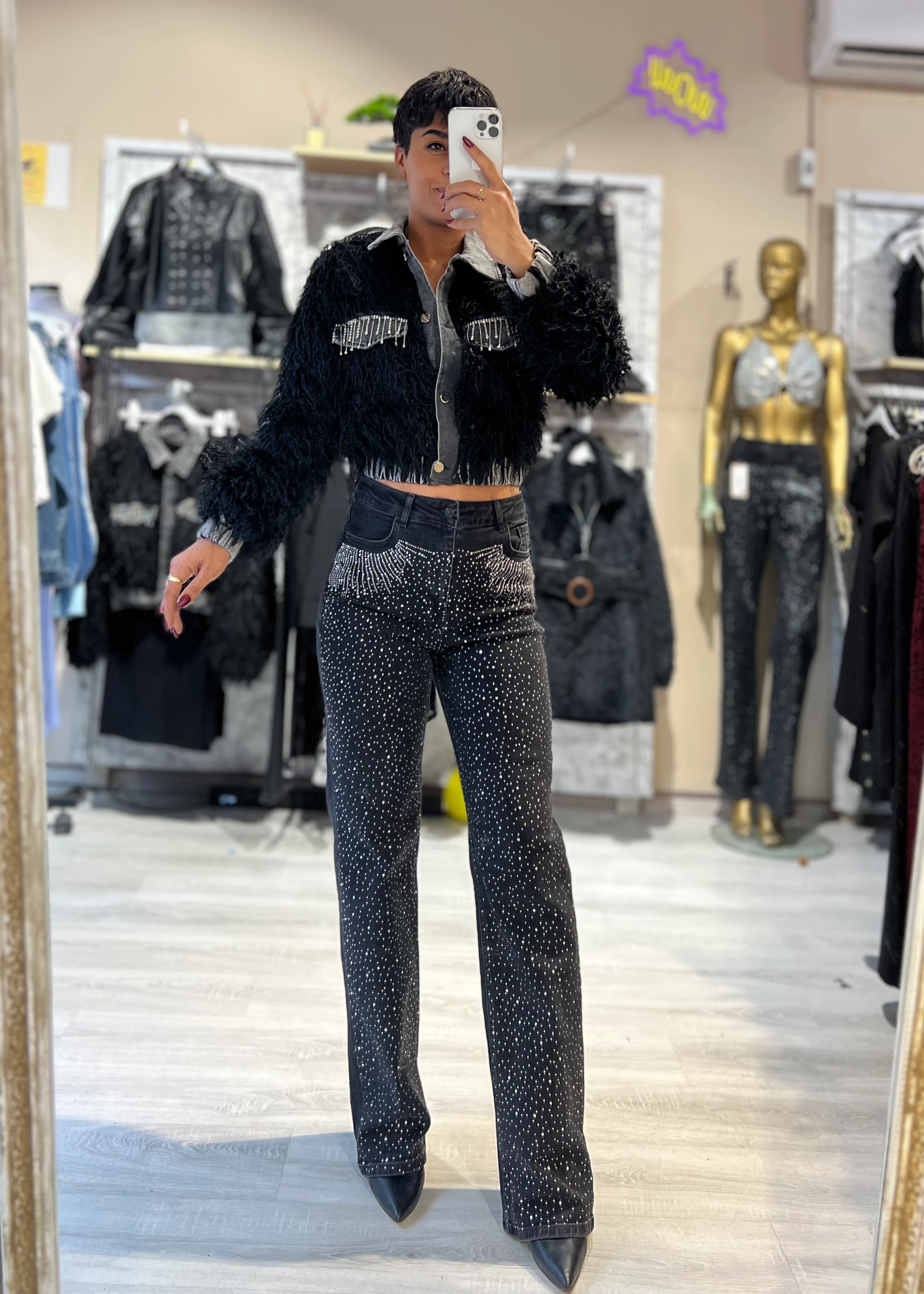 Premium Özel Tasarım Taş Detaylı Denim Garnili Süni Kürk Mont - SİYAH