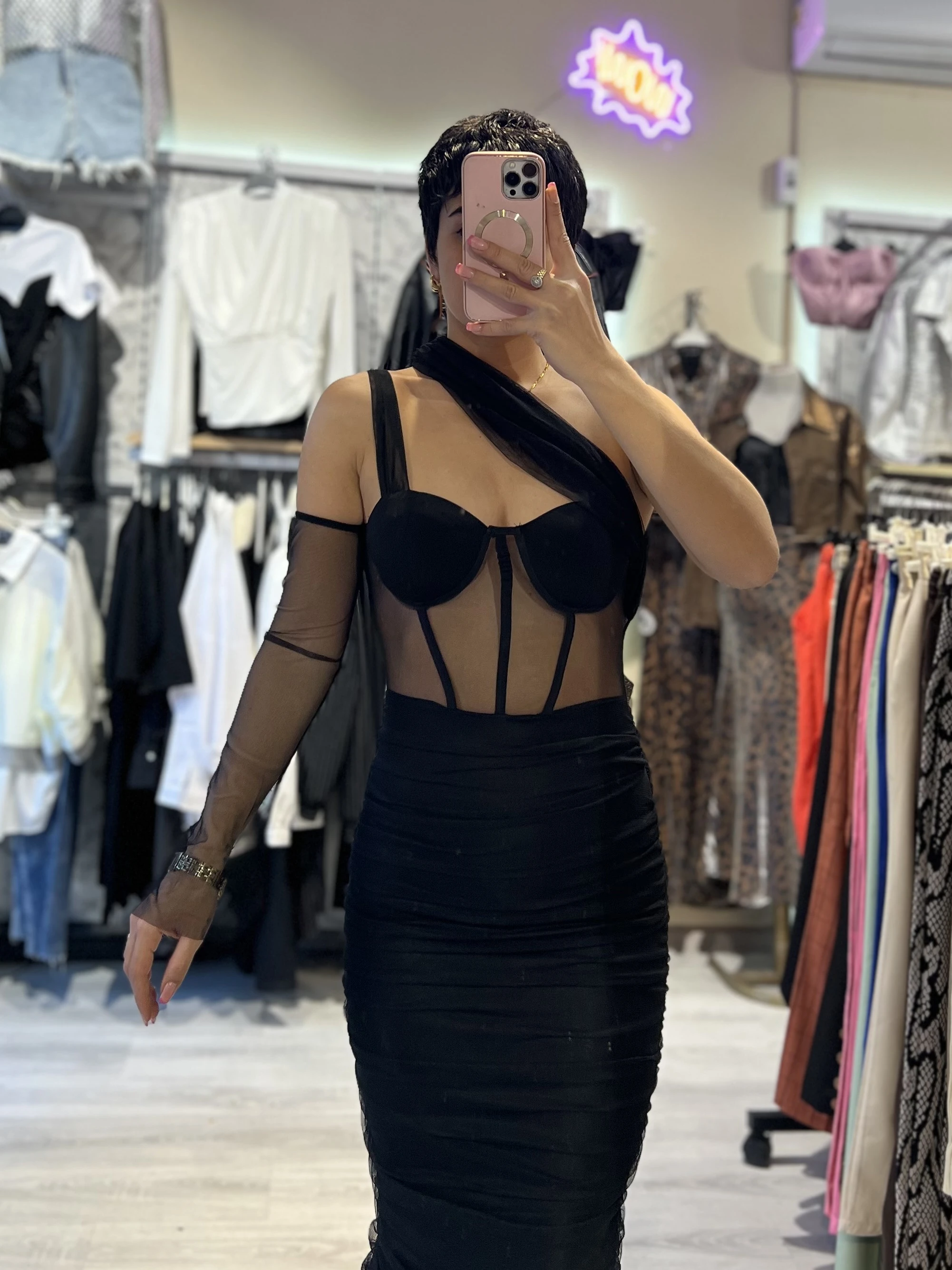 Belinda Gloplu Tül Drapeli Yarım Kol Tasarım Elbise - SİYAH