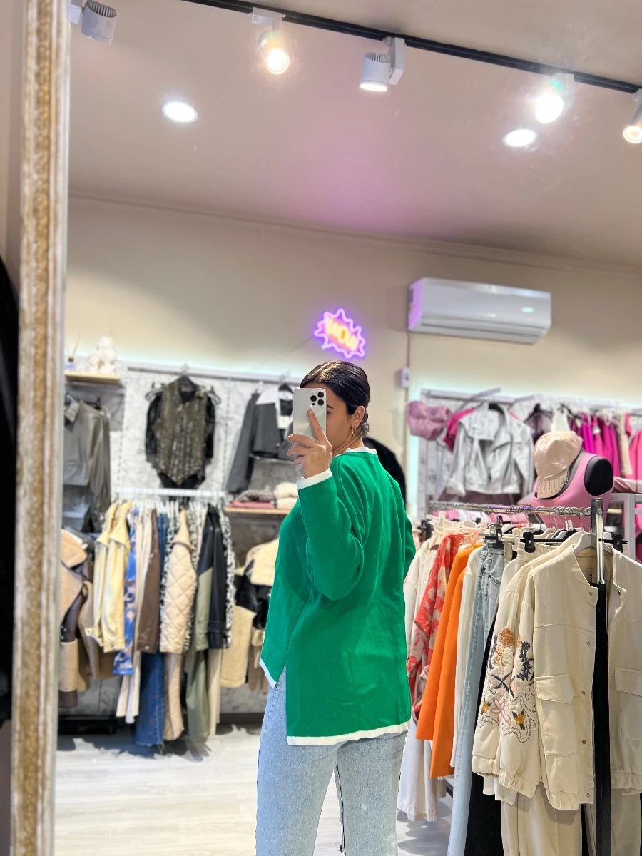 V Yaka Oversize Triko Kazak - YEŞİL