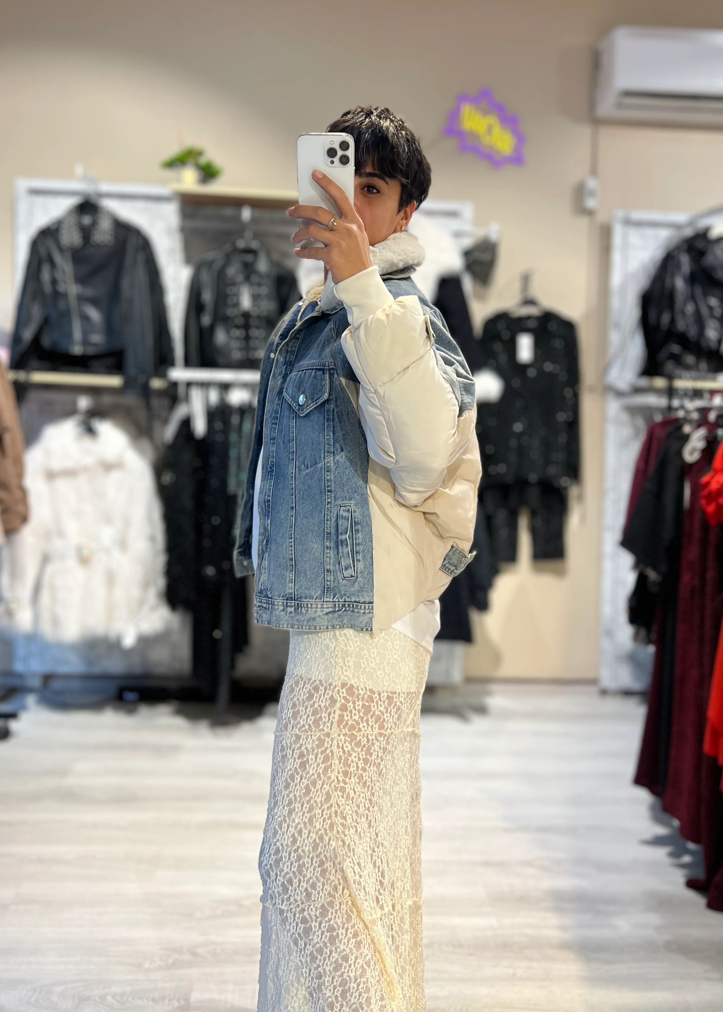 Özel Tasarım Denim Detaylı Şişme Mont