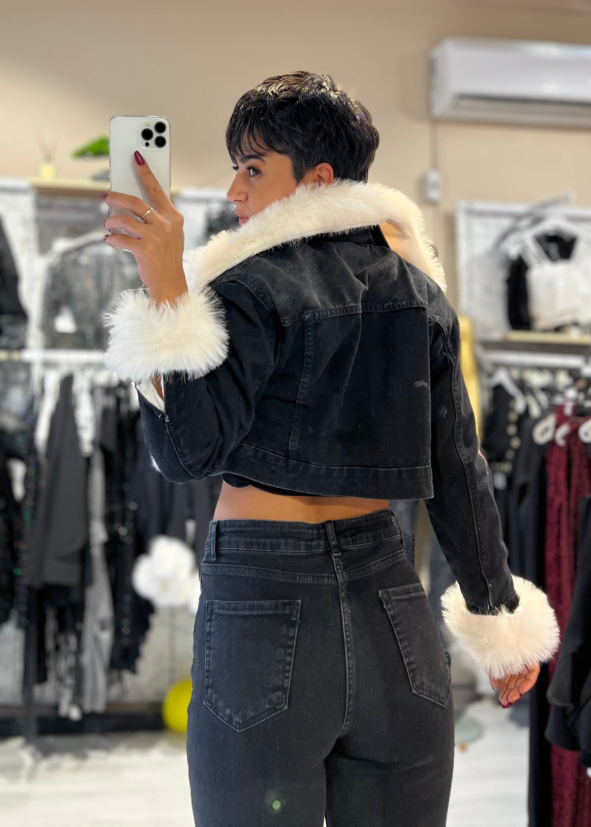 Suni Kürklü Yaka ve Kol Çıkabilen Denim Mont 