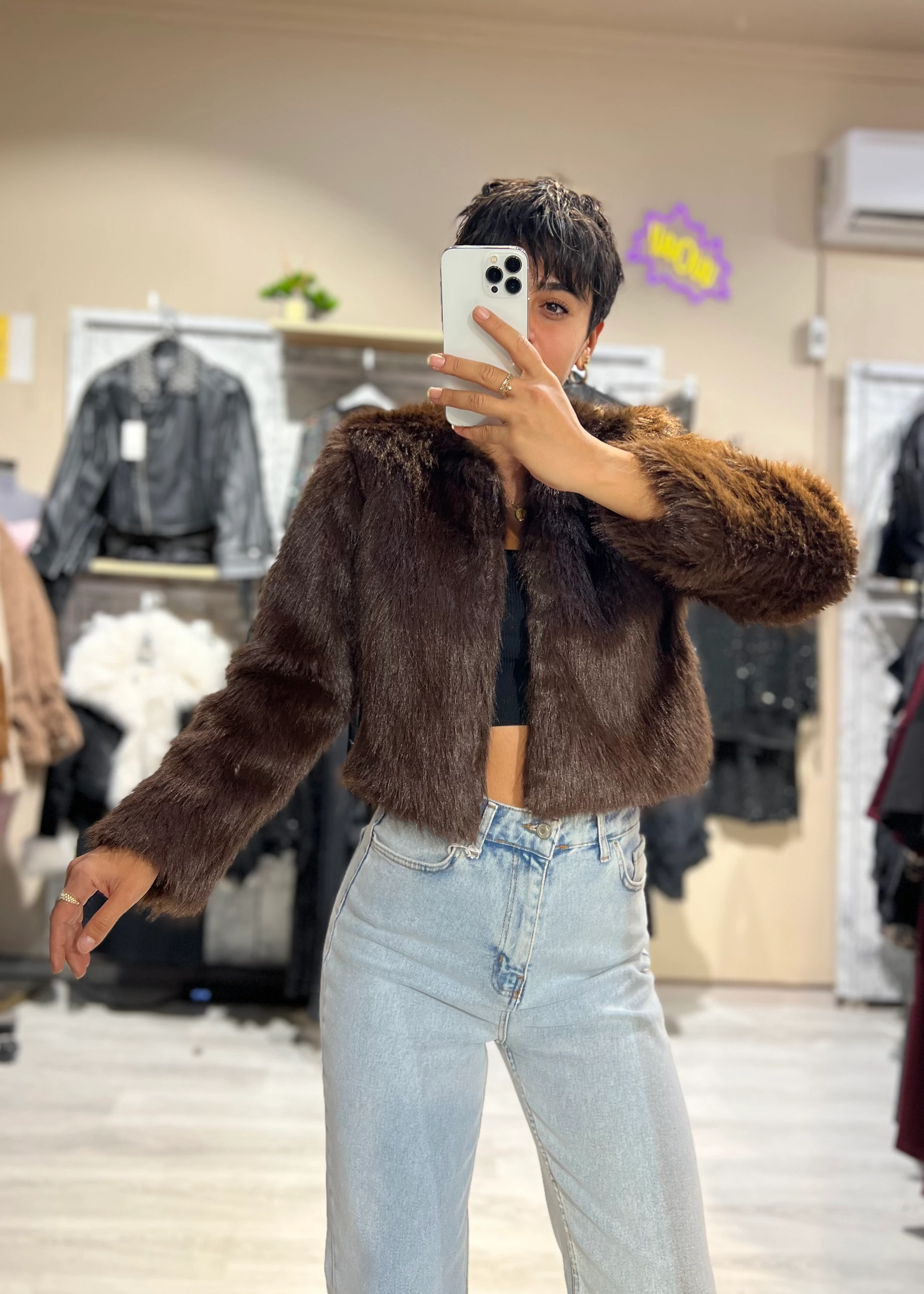 Marka Model Crop Kürk Mont - KAHVERENGİ