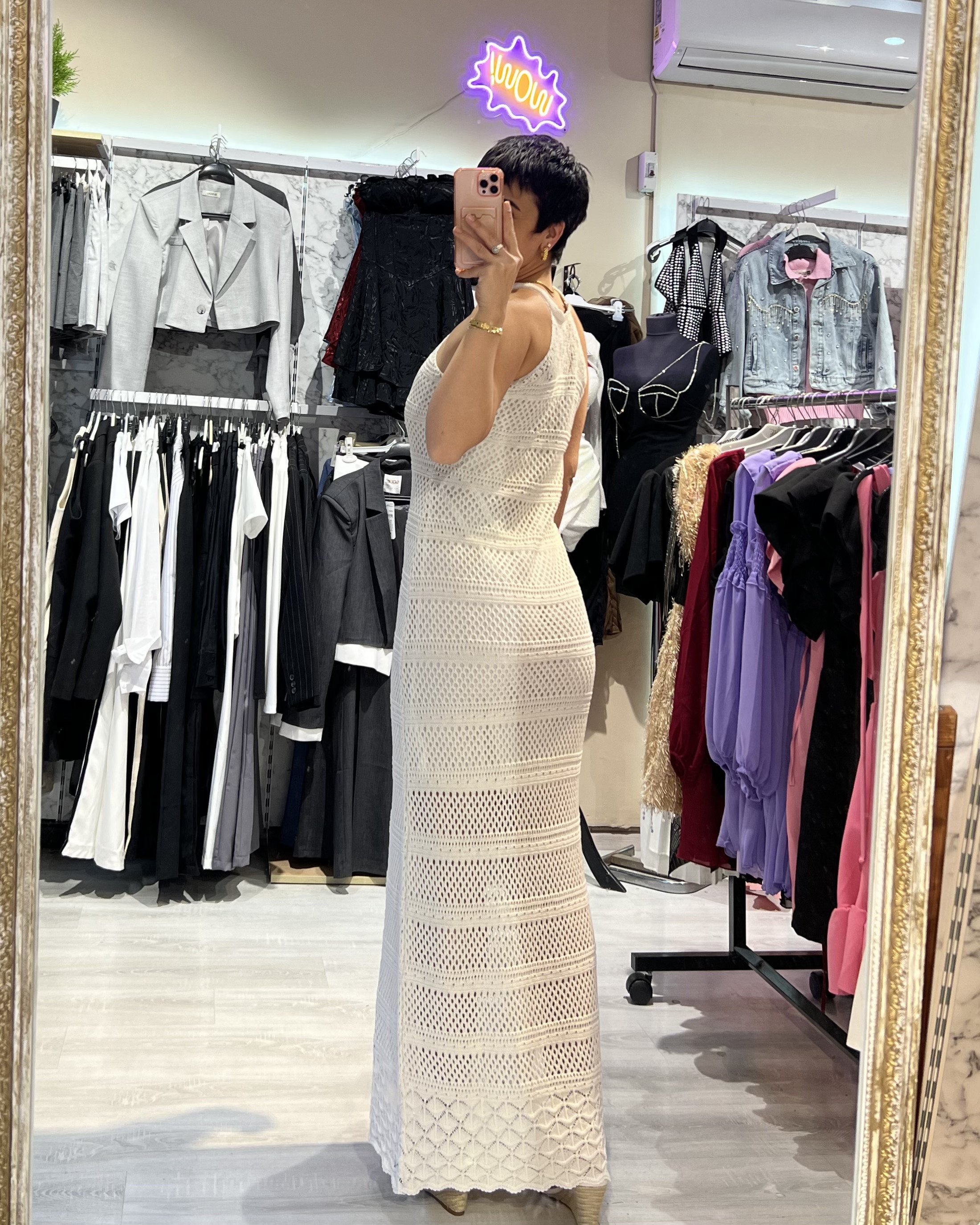 Ekru Halter Yaka Örme Uzun Elbise