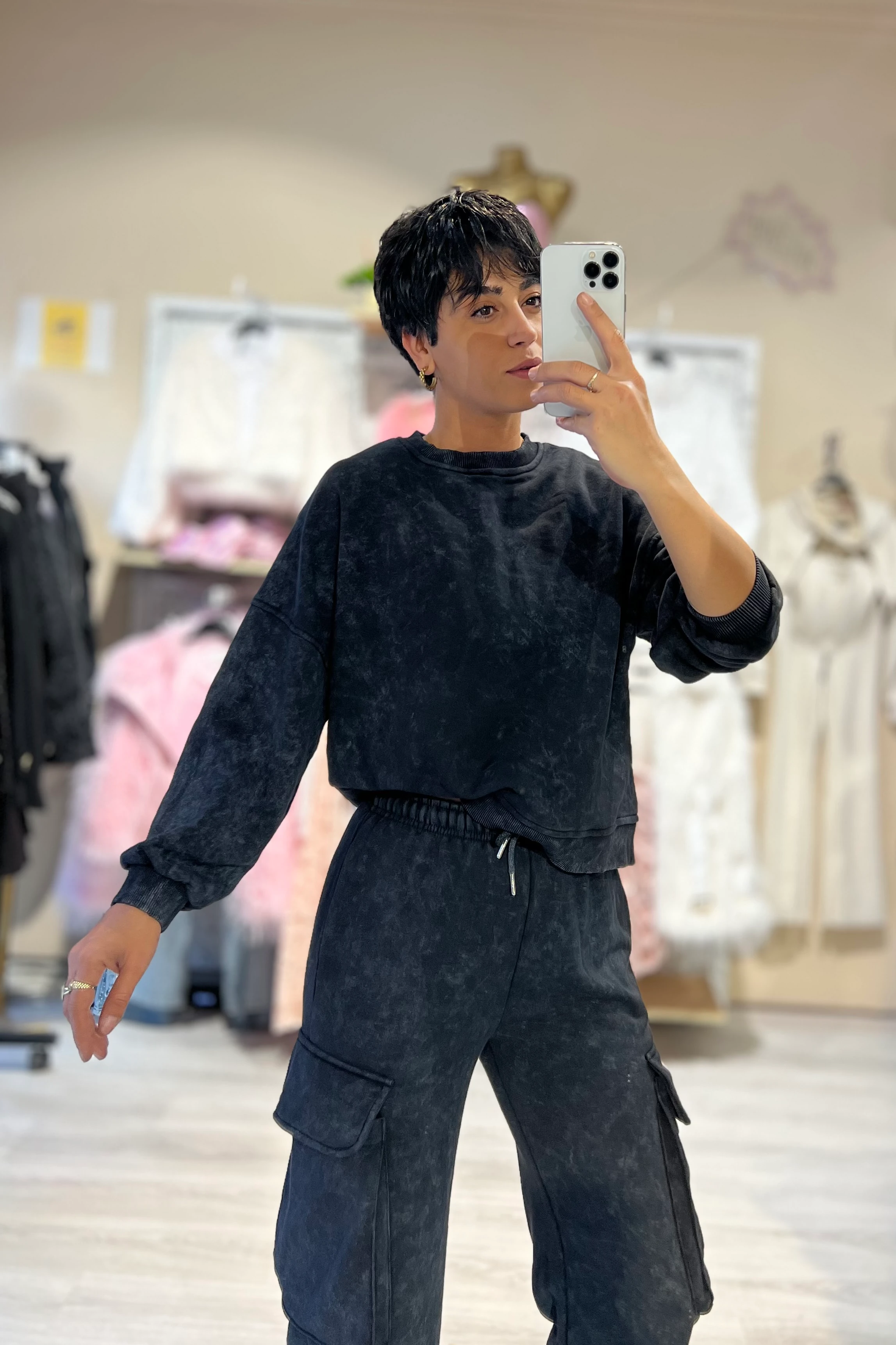 Siyah Yıkamalı 3’lü Kargo Cepli Eşofman Takımı 