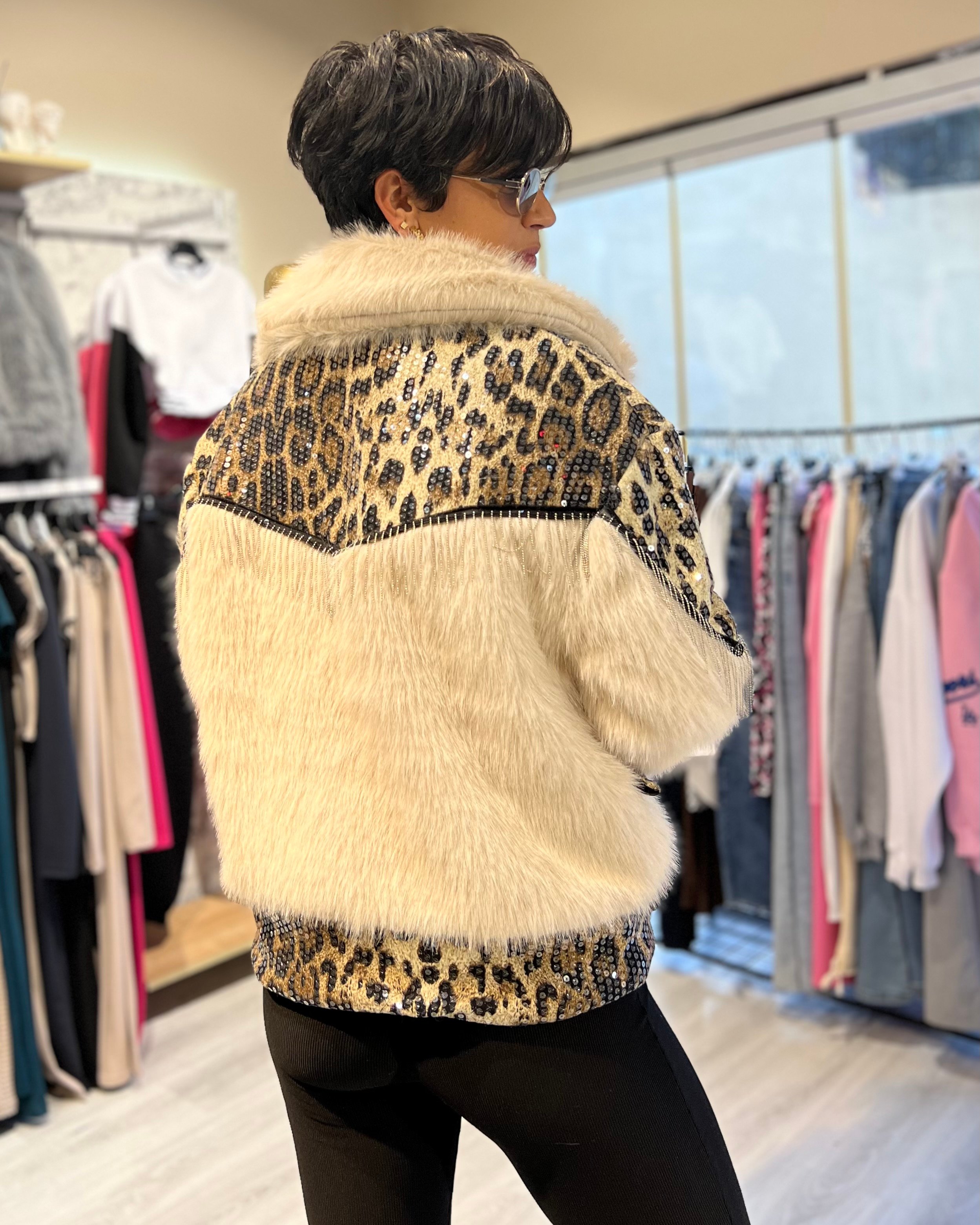 İthal Leopar Pul Payetli Kürklü Tasarım Mont